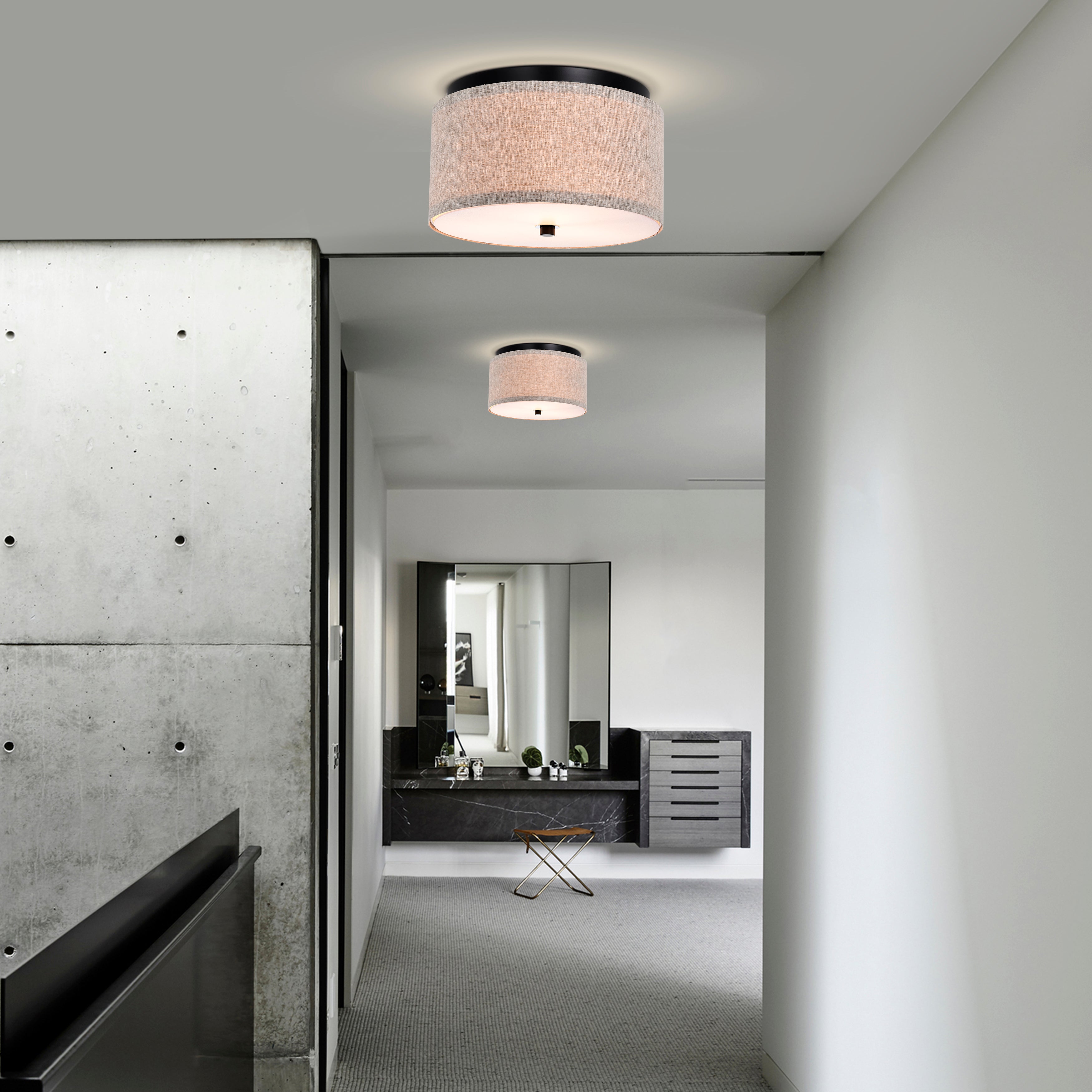 White Modern Drum Linen Semi-Flush Mount Light for hotel rooms