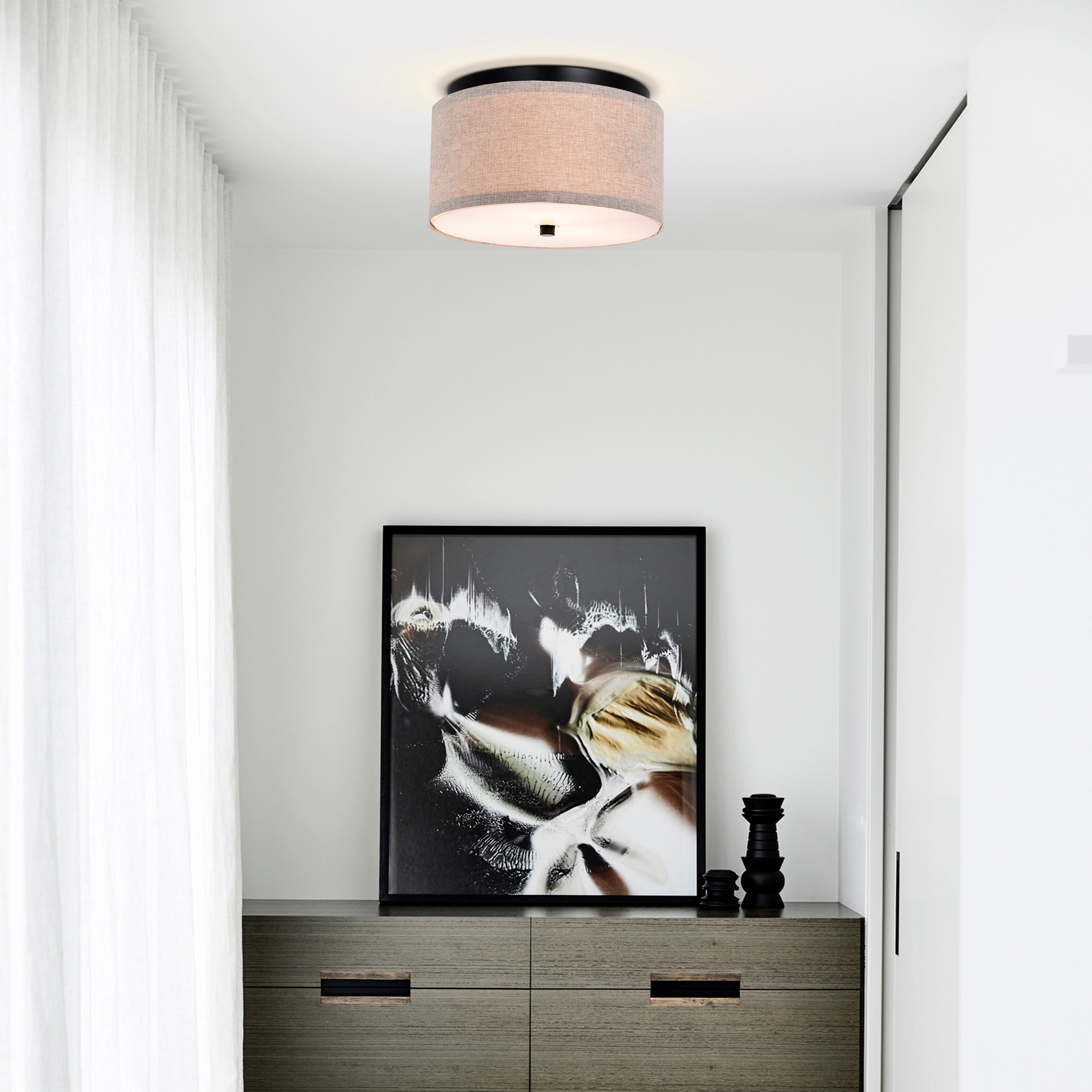 White Modern Drum Linen Semi-Flush Mount Light for hotel rooms