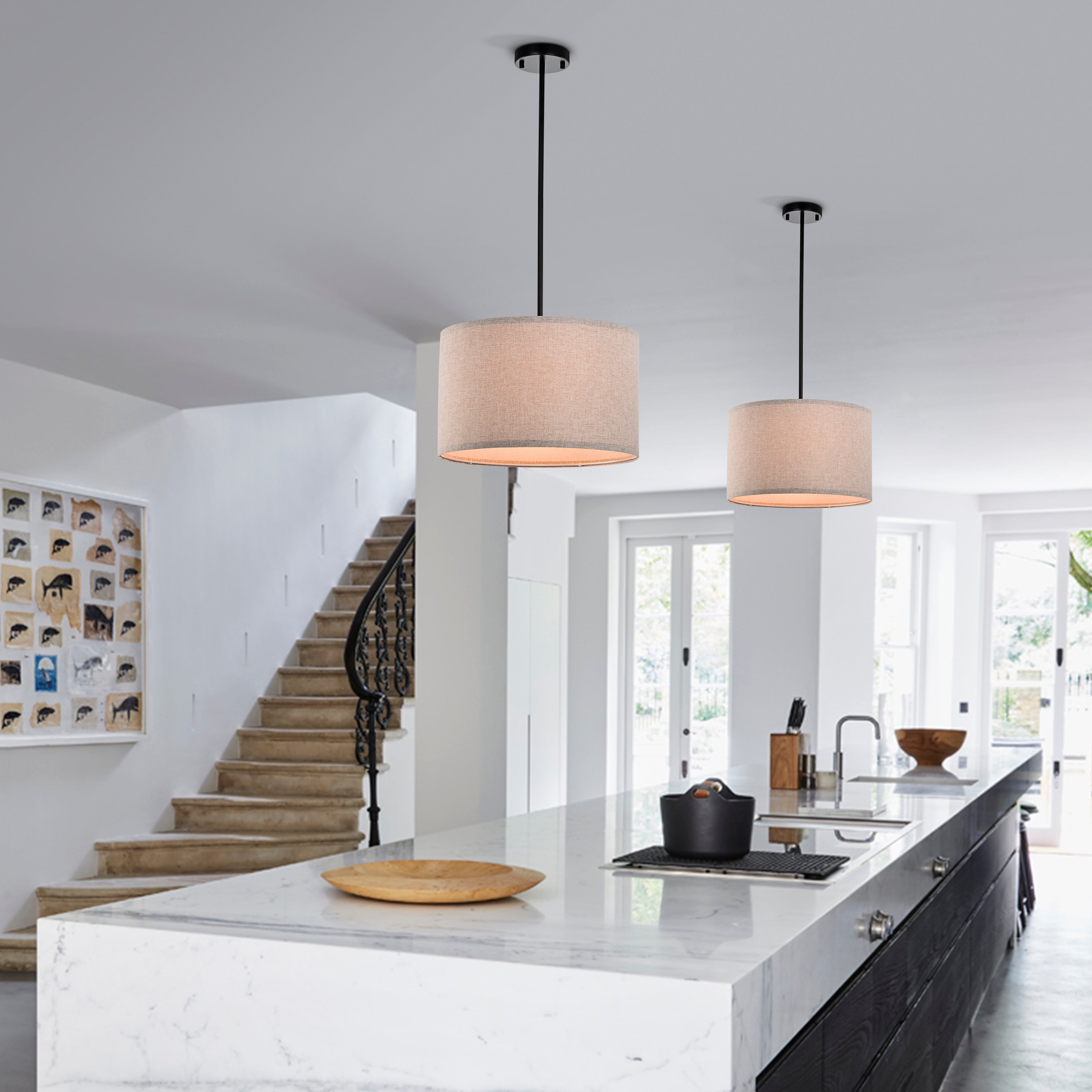 White Modern Drum Linen Semi-Flush Mount Light for living room