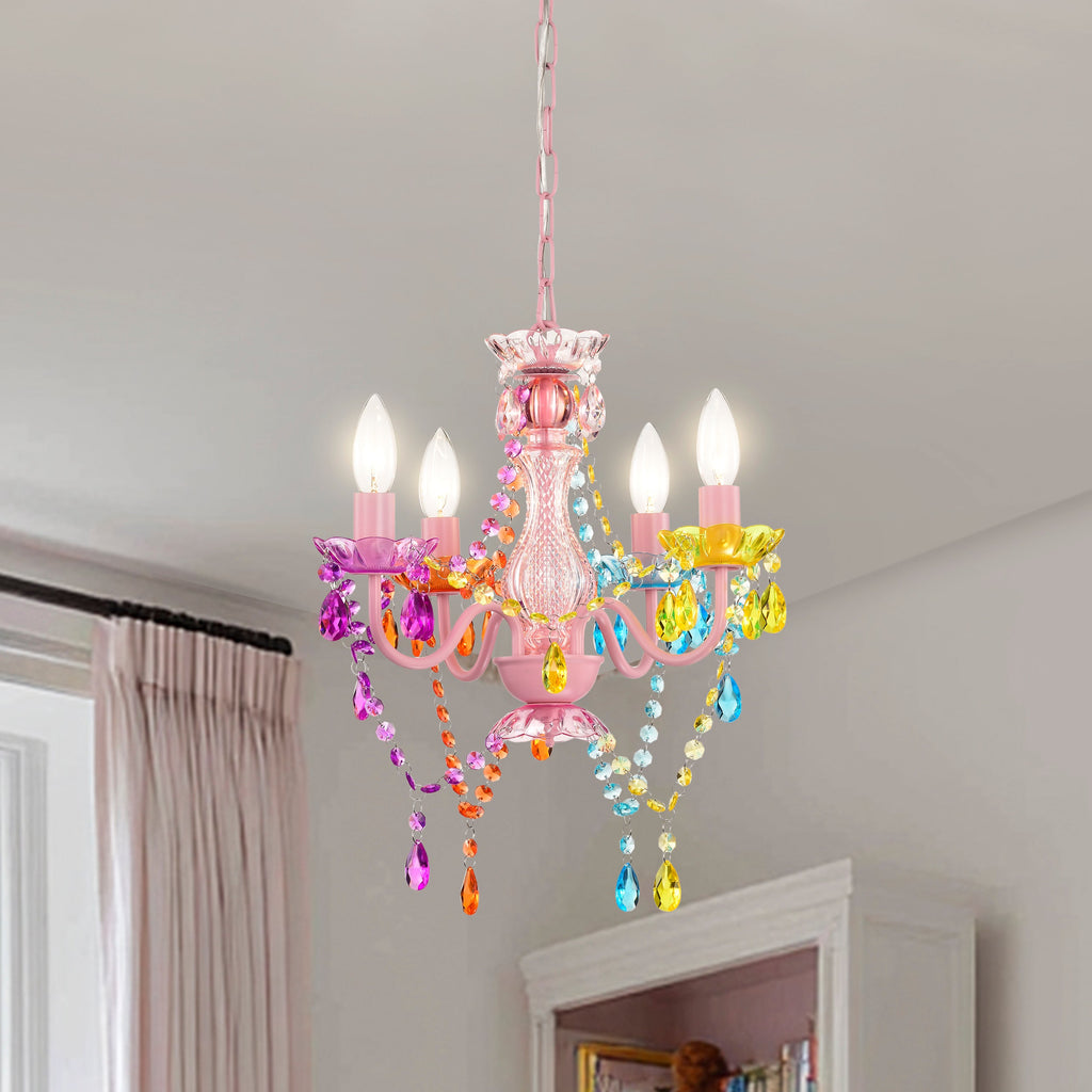 Small Colorful Crystal Chandelier Pendant Light, 4-Light Mini Hanging Ceiling Lamp for Girls Room, Dining Nook & Bedroom