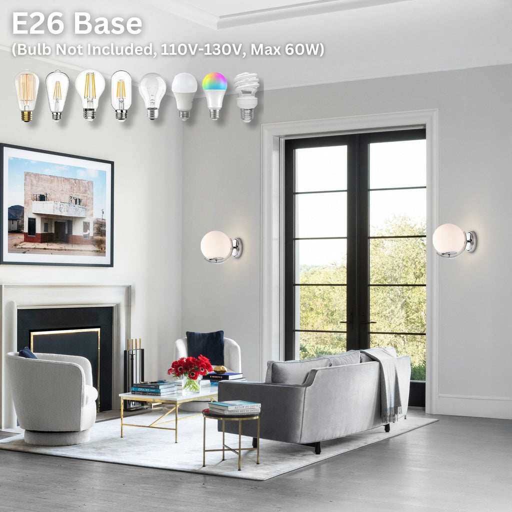 COTTAGE LIFE Chrome Wall Sconce Light Fixture 1 Light Modern Glass Globe Wall Sconce with 180mm Large Lampshade Chrome Wall Light Fixture for Hallway