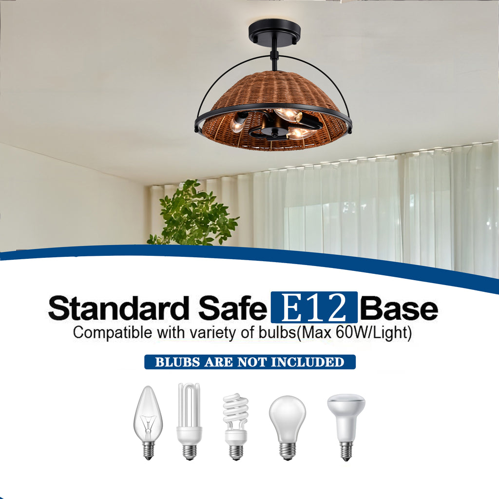 Brown Bohemian Woven Rattan Semi-Flush Mount Light for Dining Room