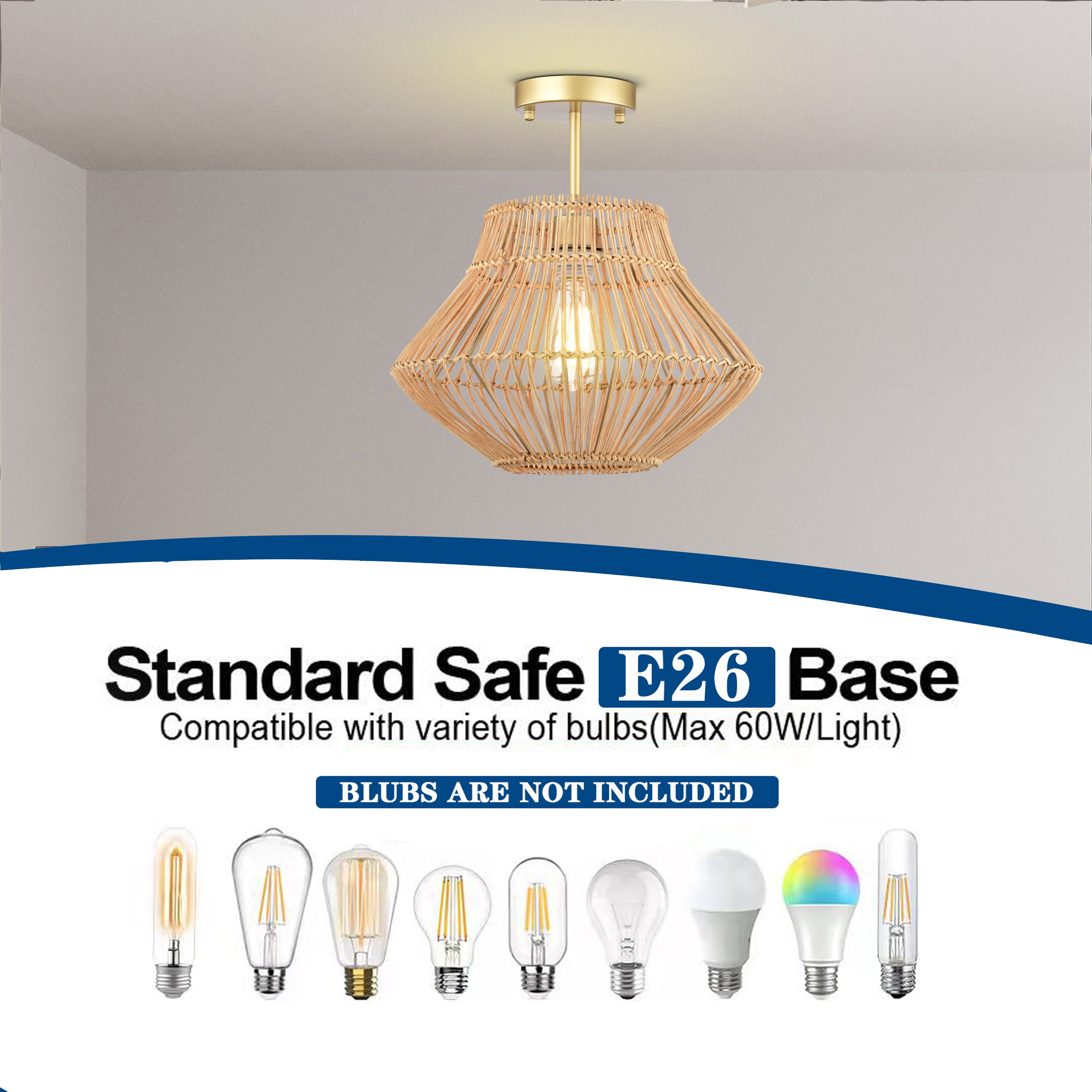 Brown Bohemian Woven Rattan Semi-Flush Mount Light with lantern shape