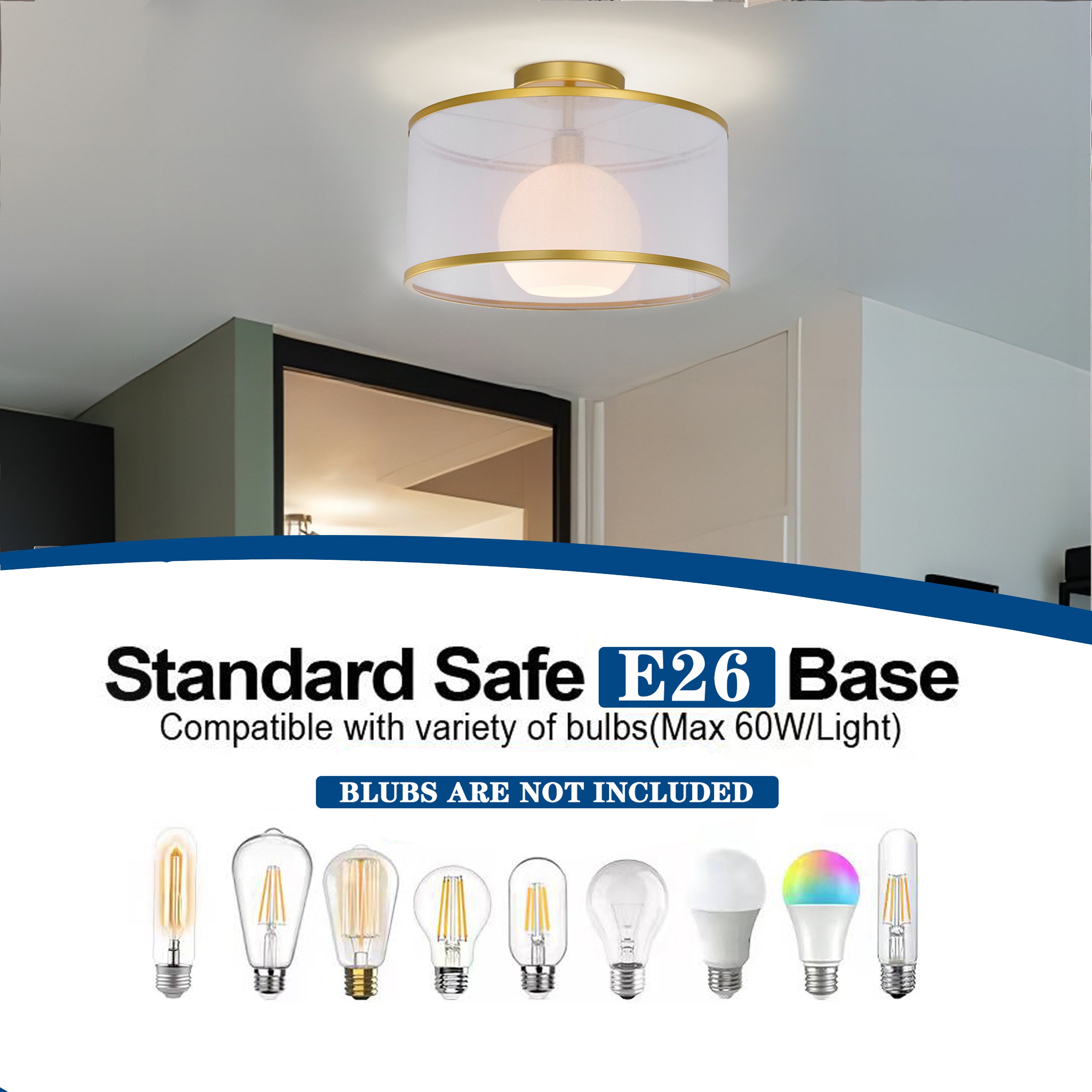 Gold & White Modern Drum Polyvinyl Chloride Semi-Flush Mount Light