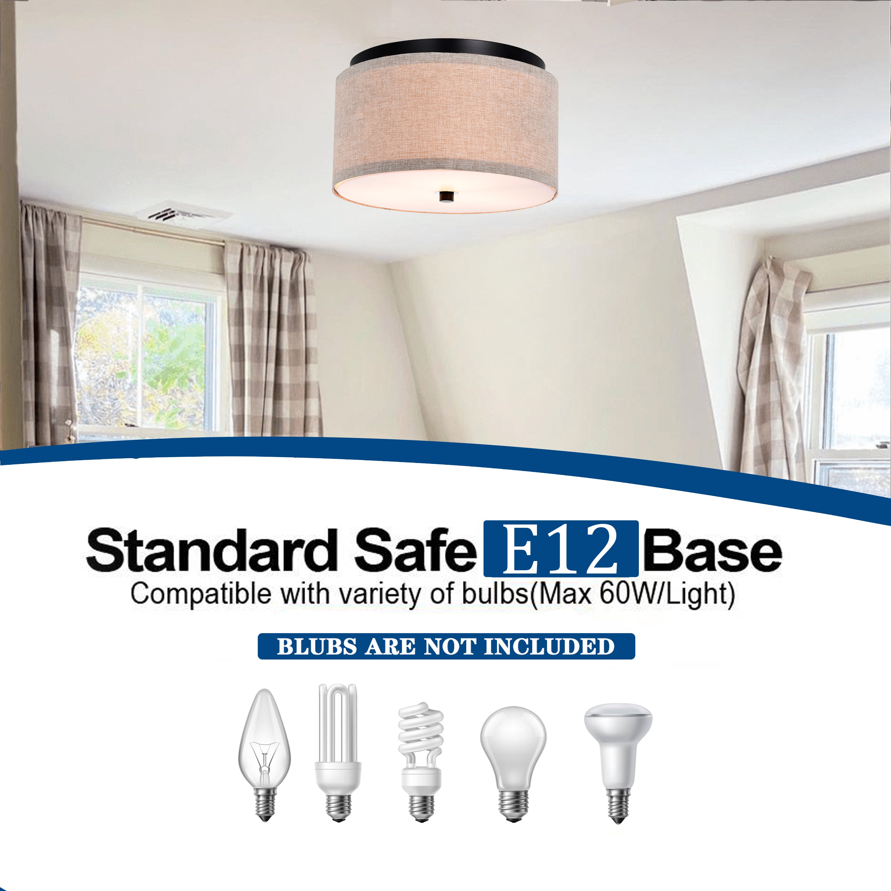 White Modern Drum Linen Semi-Flush Mount Light for living room