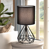 Black Modern Table Lamp Geometric Metal Base with Fabric Shade