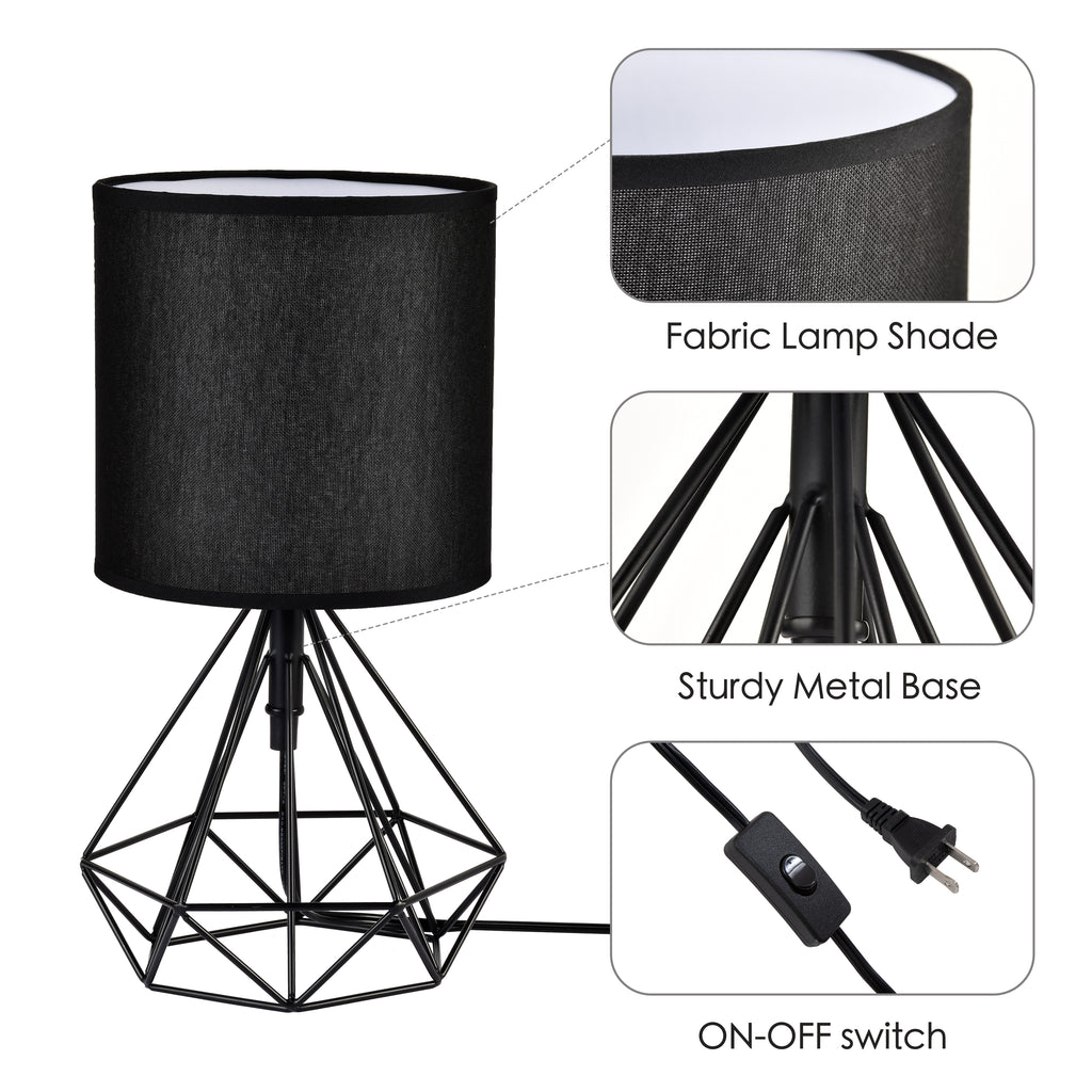 Black Modern Table Lamp Geometric Metal Base with Fabric Shade