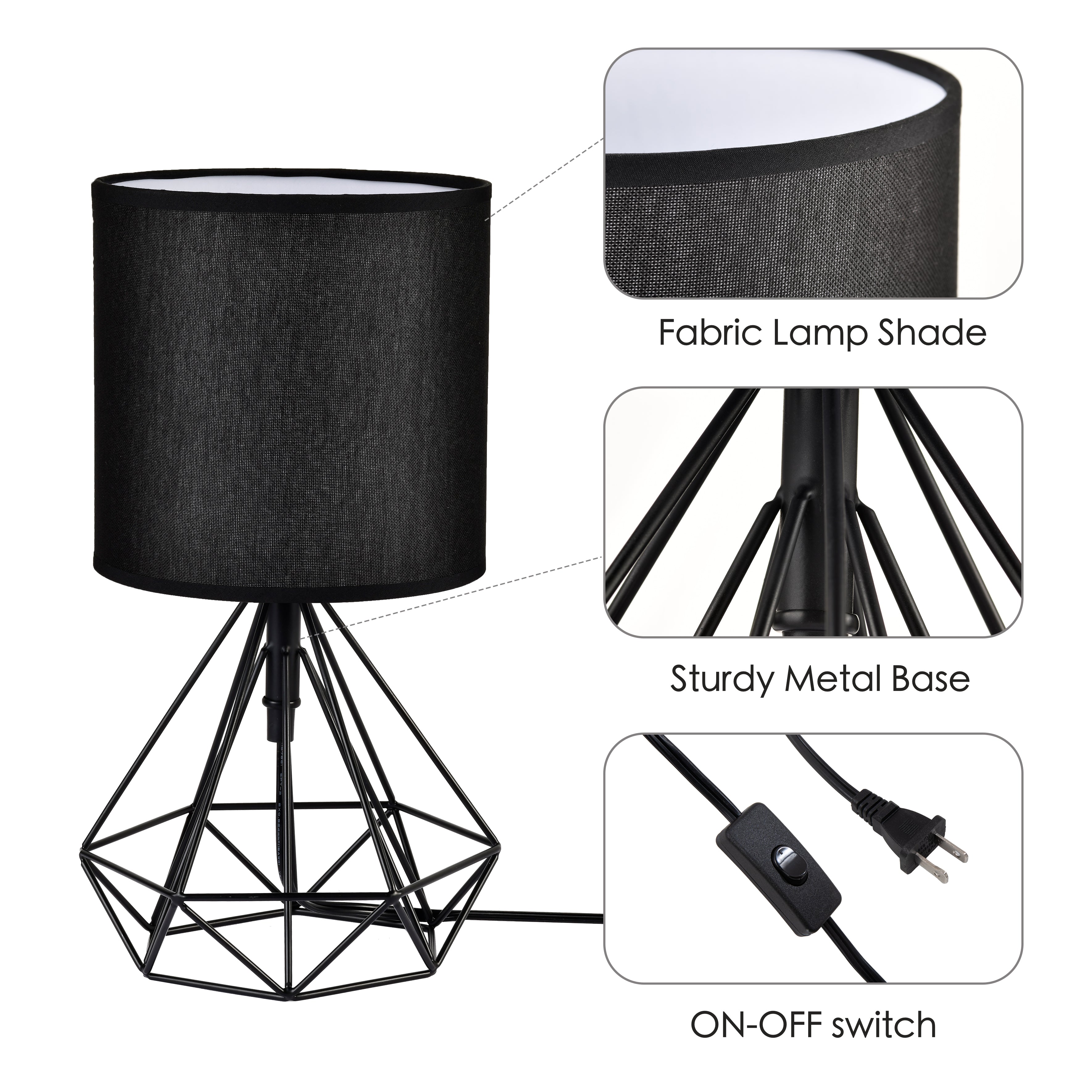 Black Modern Table Lamp Geometric Metal Base with Fabric Shade