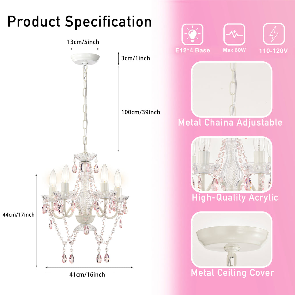 4-Light Crystal Chandelier with Adjustable Chain, E12 Candelabra Acrylic Pendant Light for Bedroom, Dining Room & Living Room
