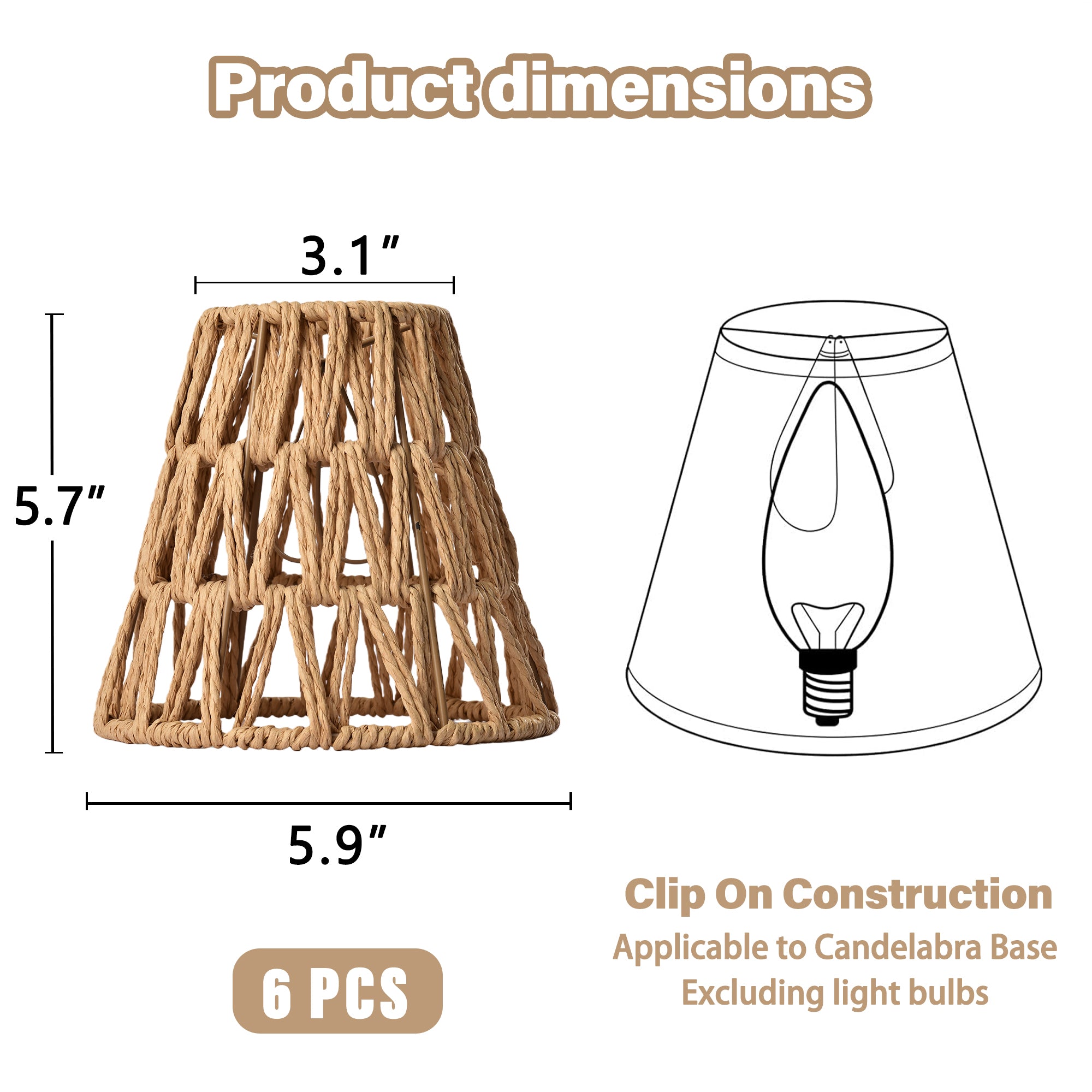 Rattan Clip On Lamp Shades for Candelabra Bulbs, 6 Pack Natural Woven Lampshades for Chandelier & Wall Sconce