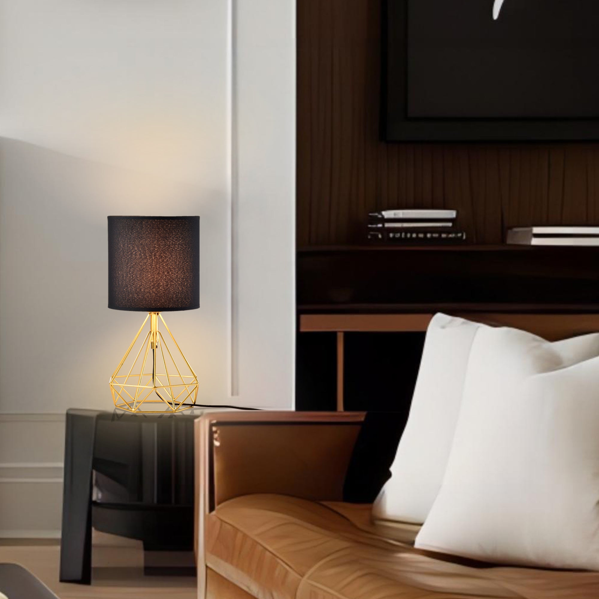 Table Lamp Golden Brick and Stone Shaped Iron Base, Black Lampshade, Plug-In Power Source