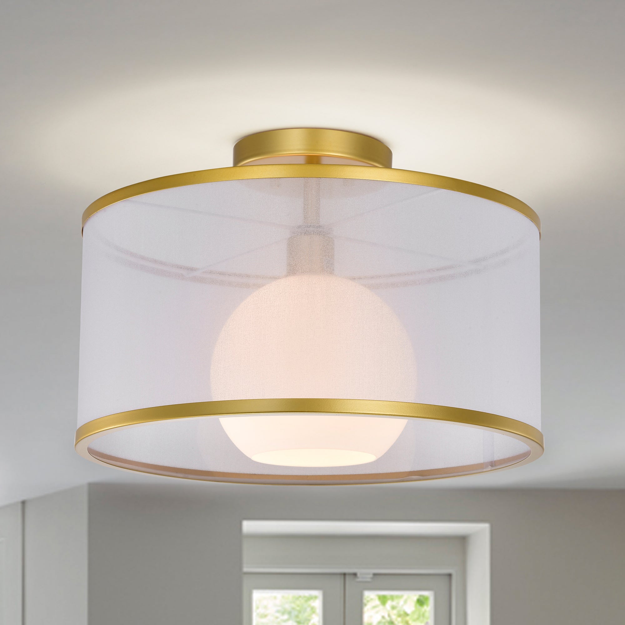Gold & White Modern Drum Polyvinyl Chloride Semi-Flush Mount Light