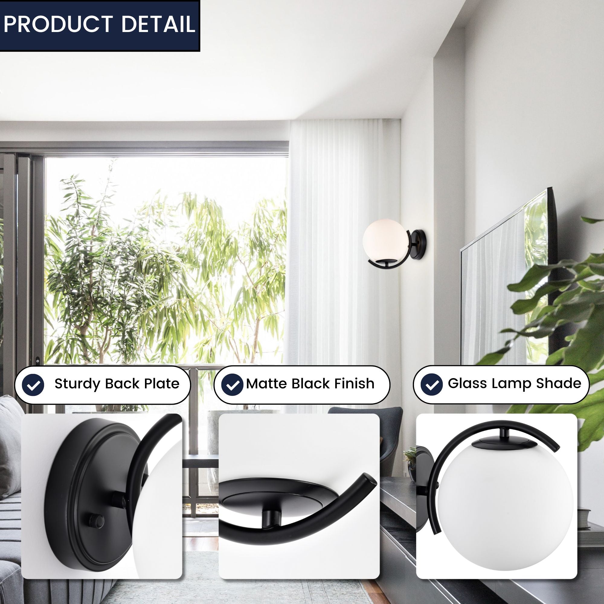 COTTAGE LIFE Black Wall Sconce Light Mid Century Modern Globe Wall Light with 180MM Large Glass Lampshade Black Glass Wall Sconce for Bedroom 1 Pack