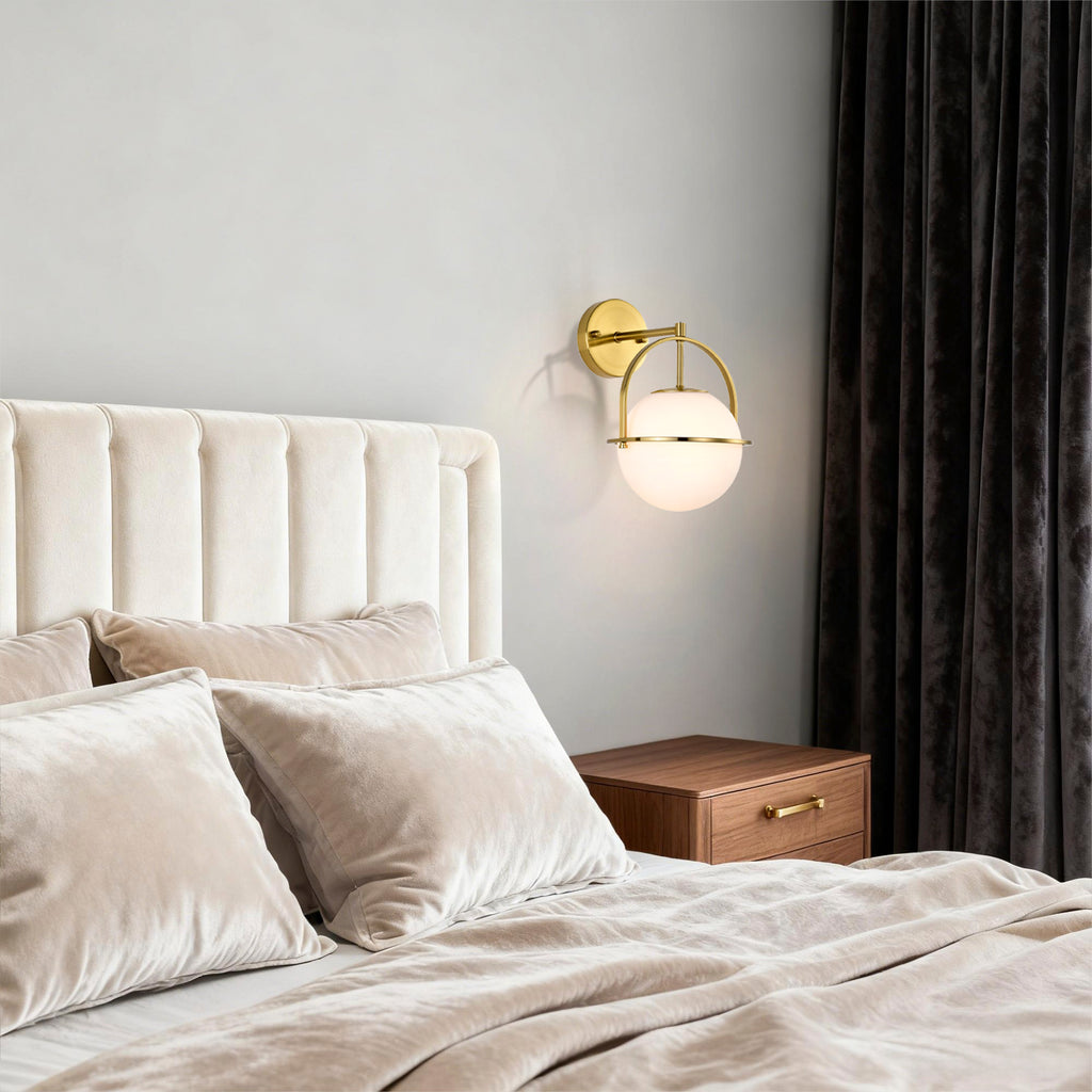 Modern Brushed Gold Wall Sconce with Glass Globe Shade, E26 Base Indoor Wall Lamp for Bathroom, Bedroom & Hallway