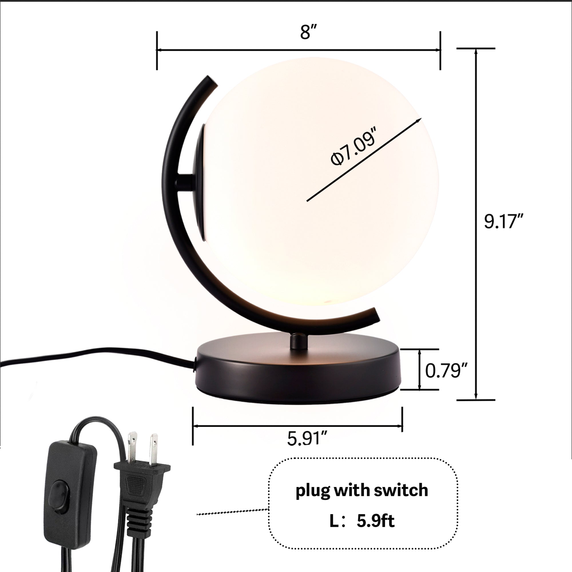 Modern Globe Table Lamp with Glass Shade and Plug-in Switch, E12 Base Bedside Lamp for Bedroom & Living Room