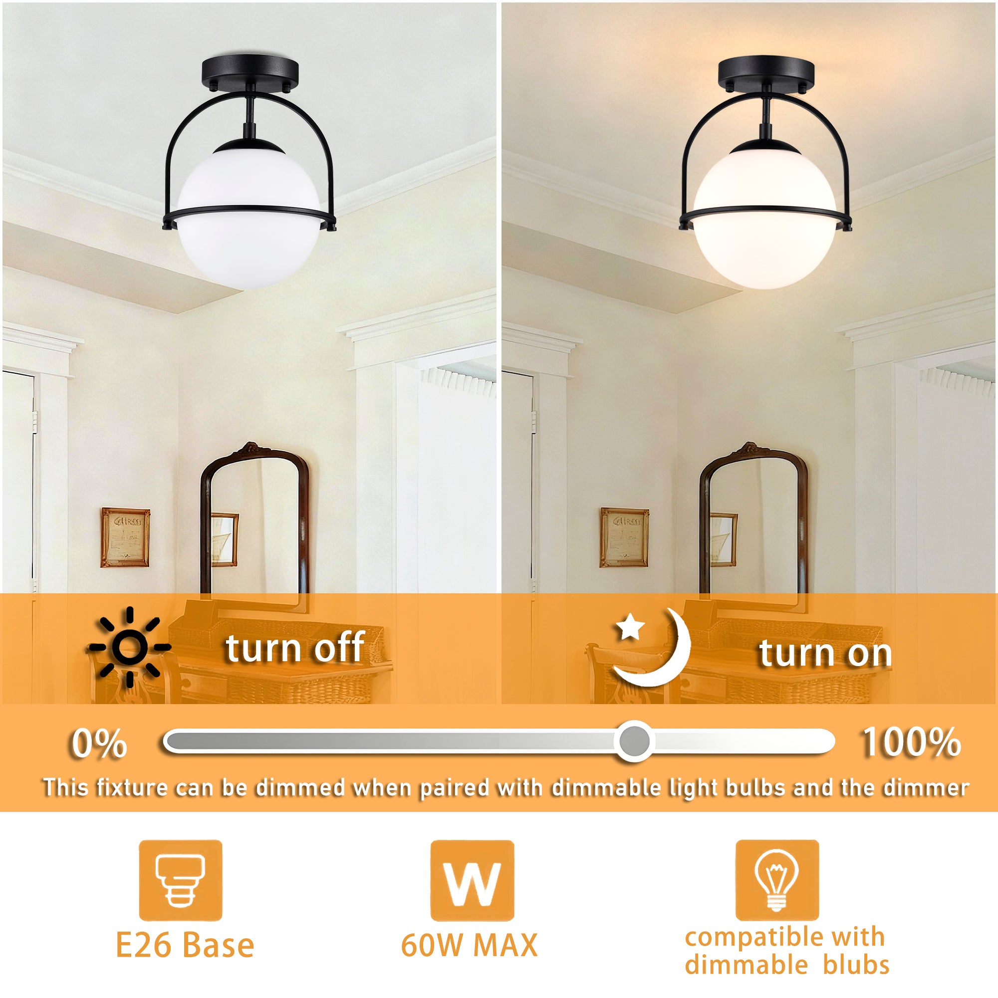 Modern Globe Flush Mount Ceiling Light with Glass Shade, E12 Base Indoor Ceiling Lamp for Bedroom, Hallway & Entryway