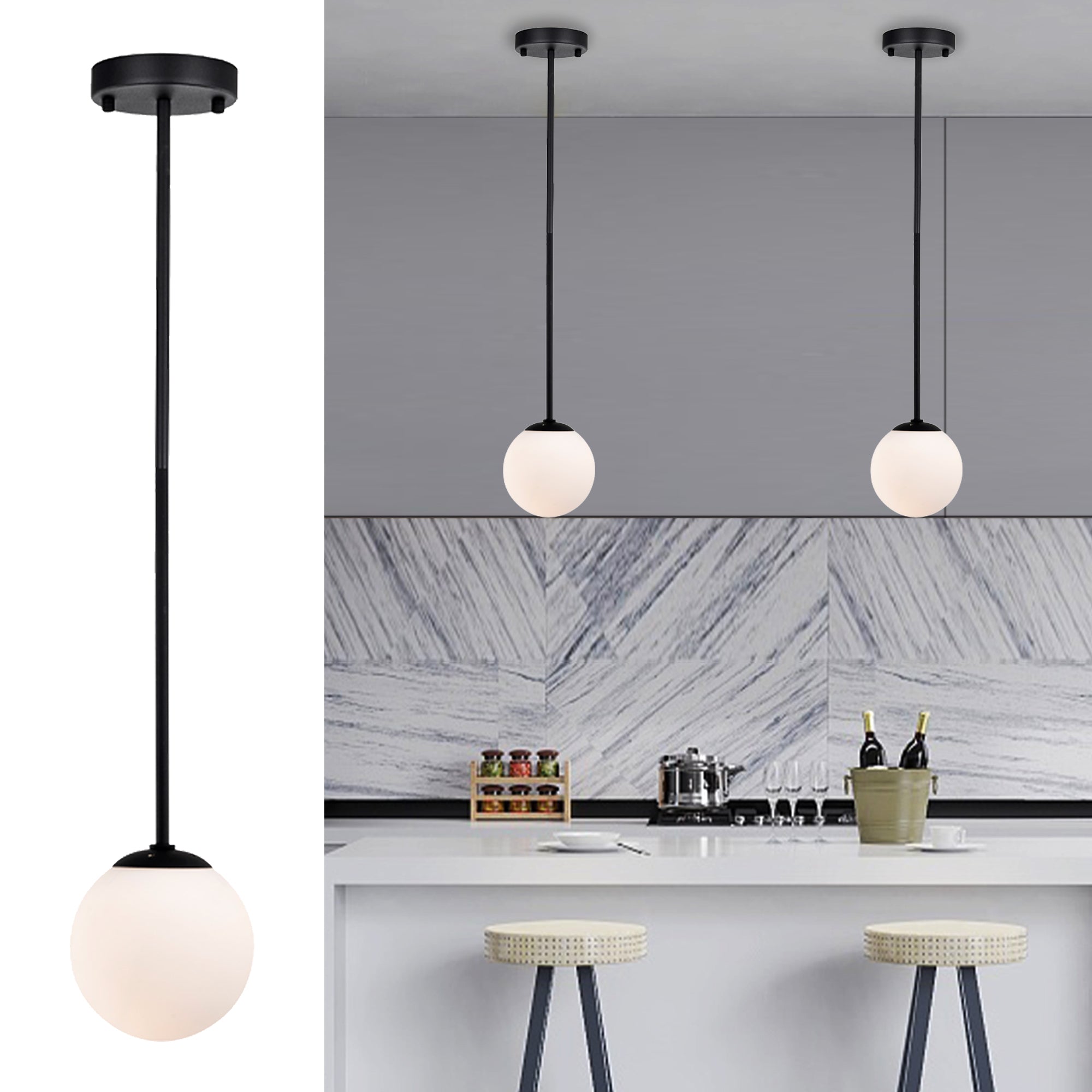 Black Globe Pendant Light Modern Matte Black Pendant Light Fixtures Over Kitchen Island with Frosted Glass Hanging Pendant Light Fixture