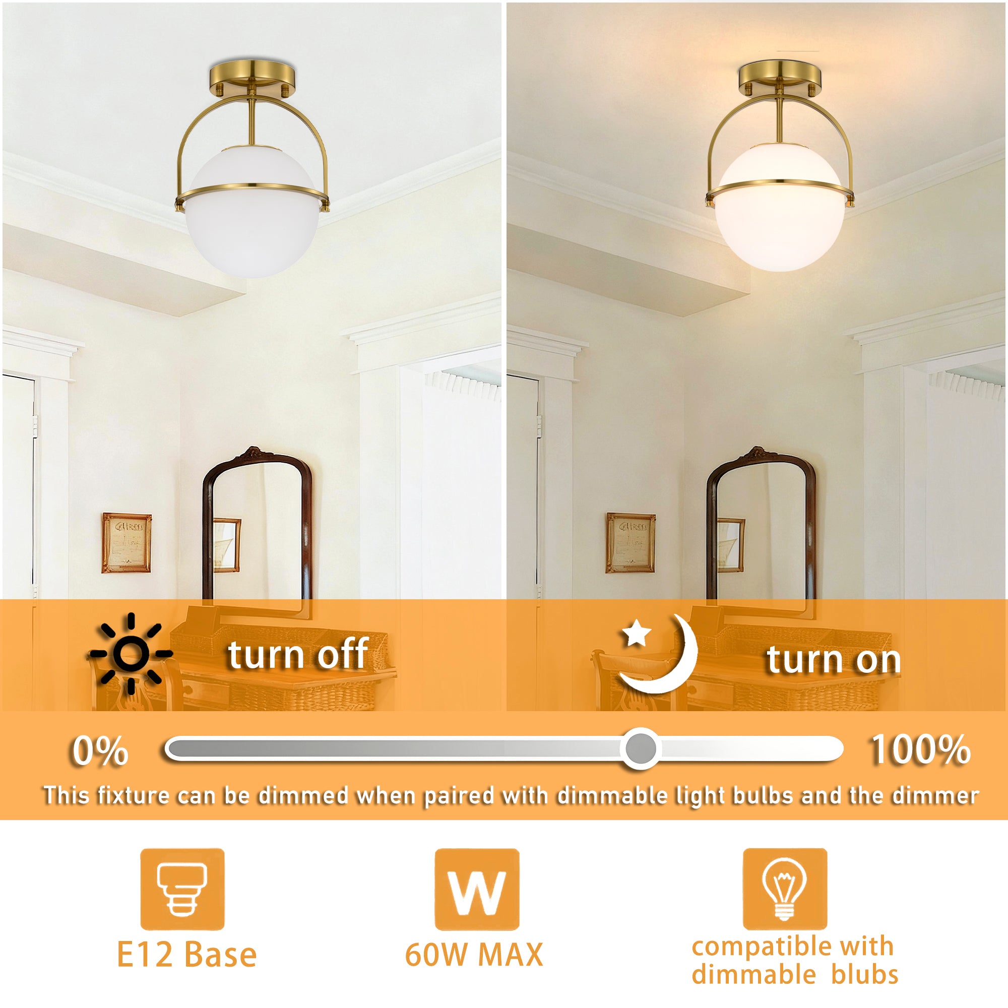 Modern Globe Flush Mount Ceiling Light with Glass Shade, E12 Base Indoor Ceiling Lamp for Bedroom, Hallway & Entryway