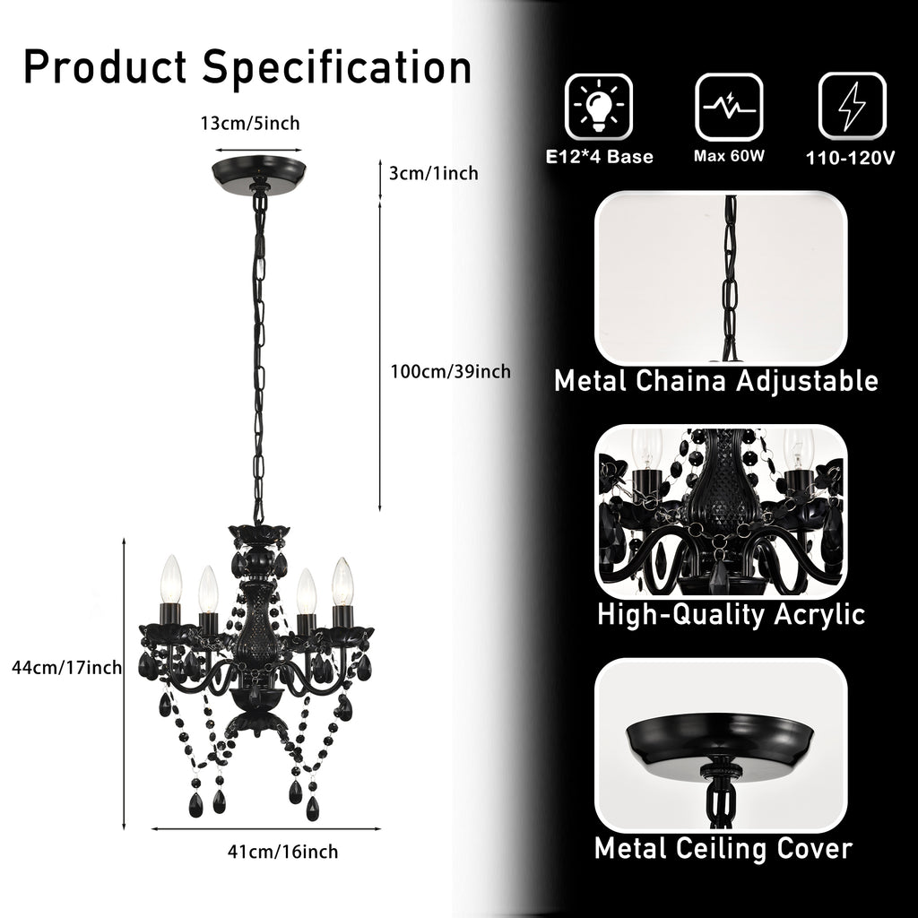 4-Light Crystal Chandelier with Adjustable Chain, E12 Candelabra Acrylic Pendant Light for Bedroom, Dining Room & Living Room