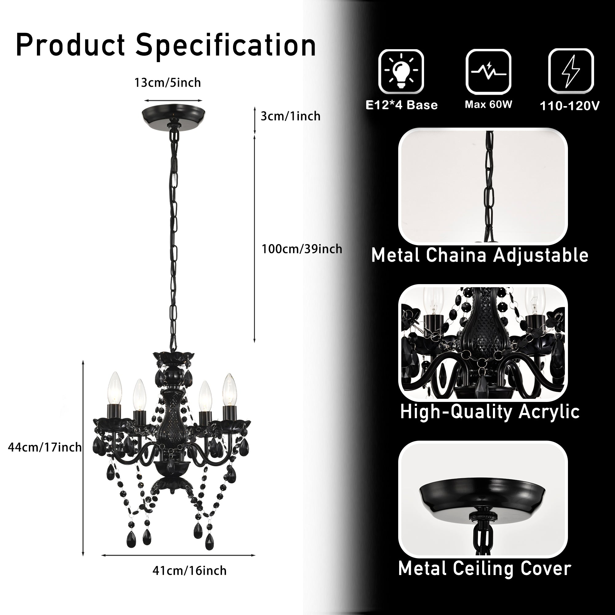 4-Light Crystal Chandelier with Adjustable Chain, E12 Candelabra Acrylic Pendant Light for Bedroom, Dining Room & Living Room