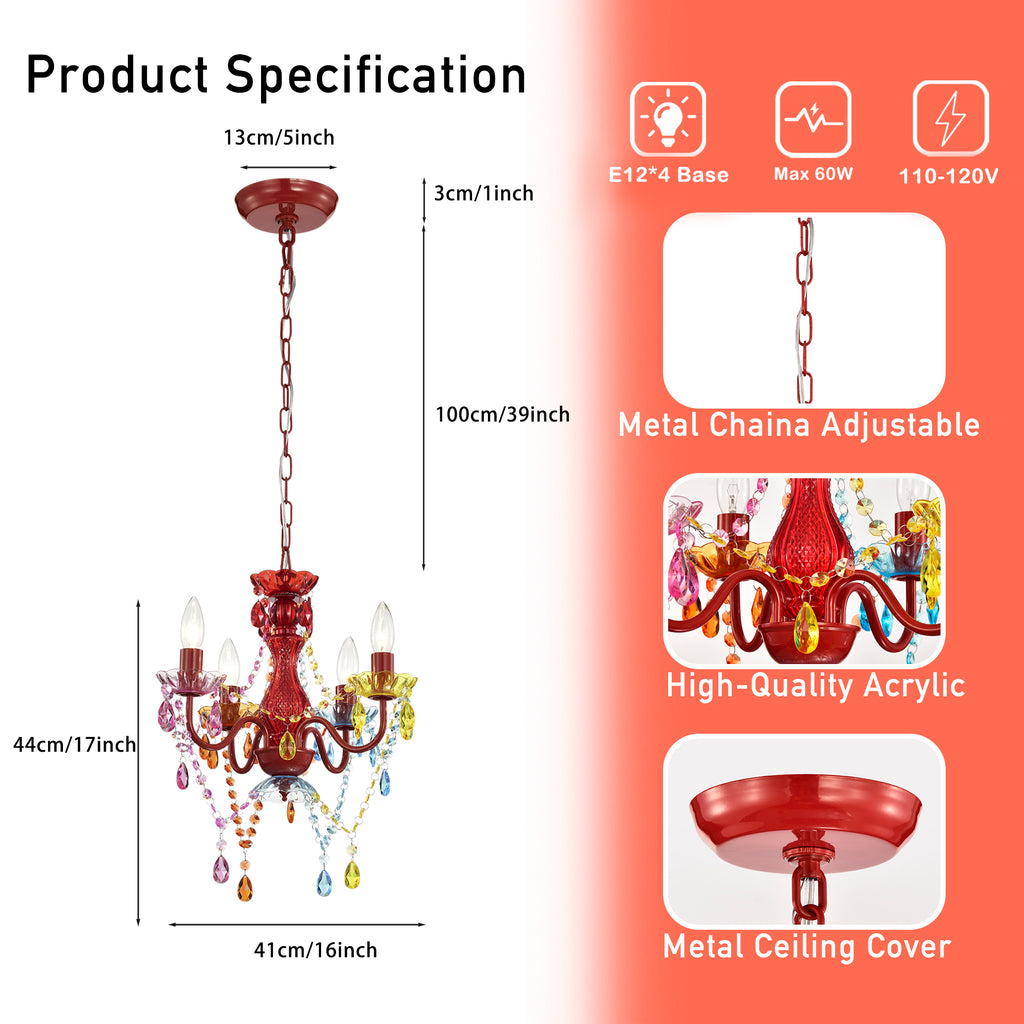 4-Light Crystal Chandelier with Adjustable Chain, E12 Candelabra Acrylic Pendant Light for Bedroom, Dining Room & Living Room