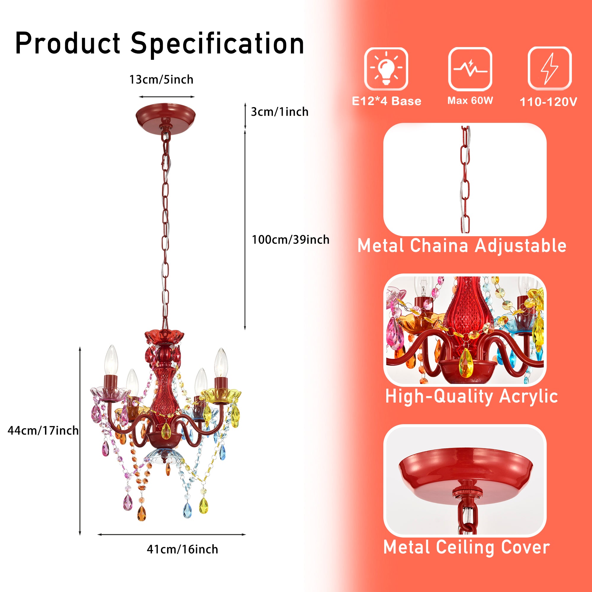 4-Light Crystal Chandelier with Adjustable Chain, E12 Candelabra Acrylic Pendant Light for Bedroom, Dining Room & Living Room