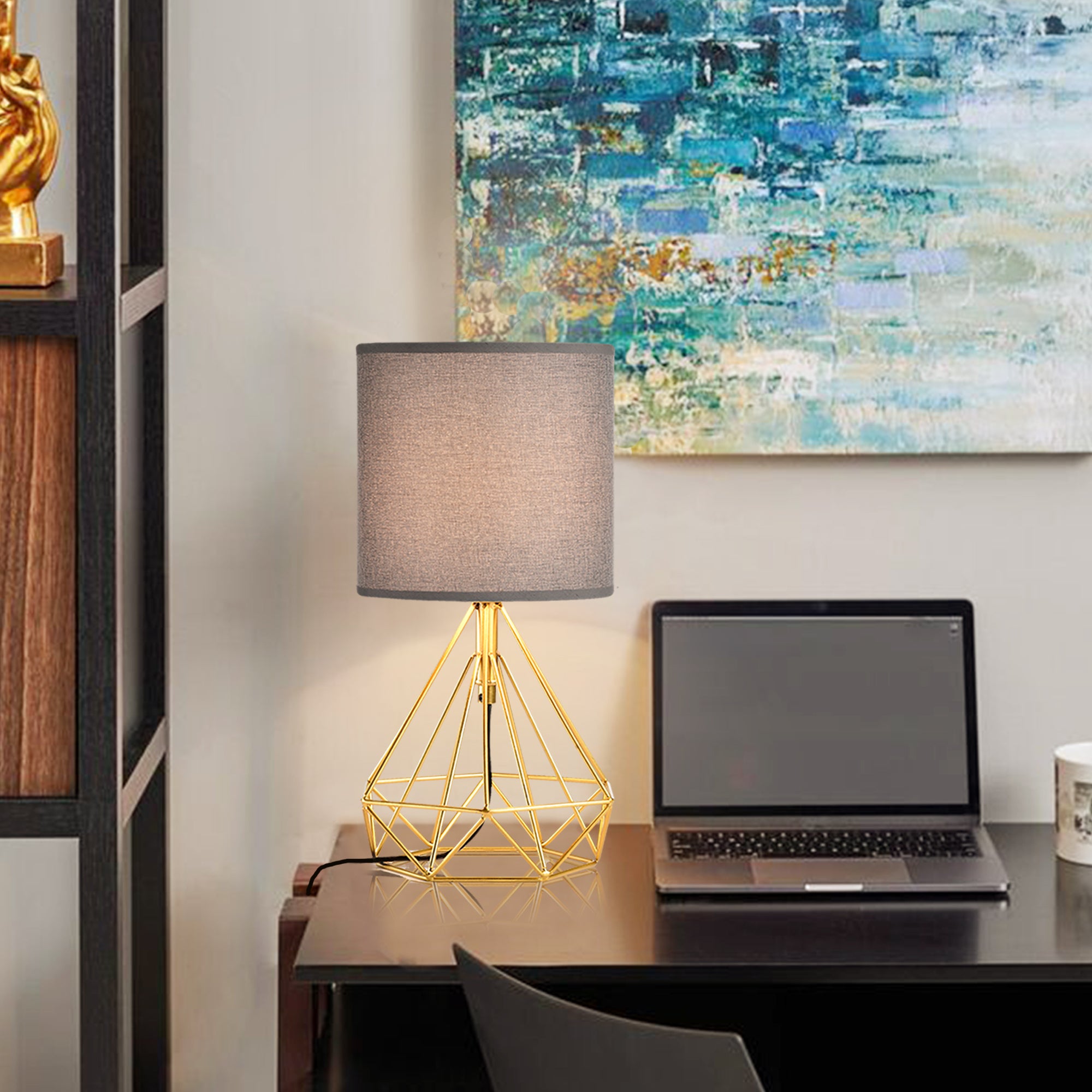 Modern Table Lamp Golden Brick and Stone Shaped Iron Base, Grey Lampshade With Plug-In Power Source
