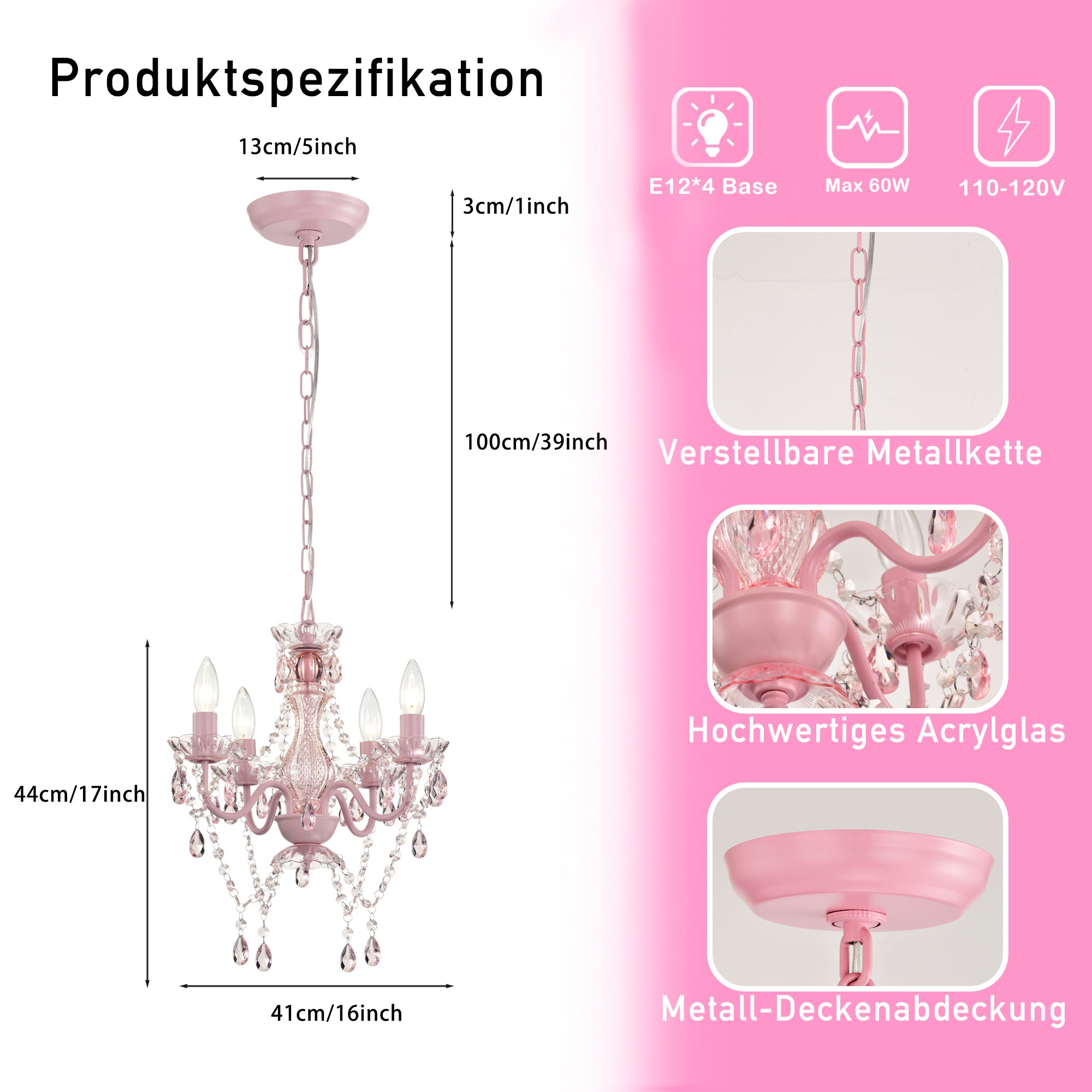 4-Light Crystal Chandelier with Adjustable Chain, E12 Candelabra Acrylic Pendant Light for Bedroom, Dining Room & Living Room