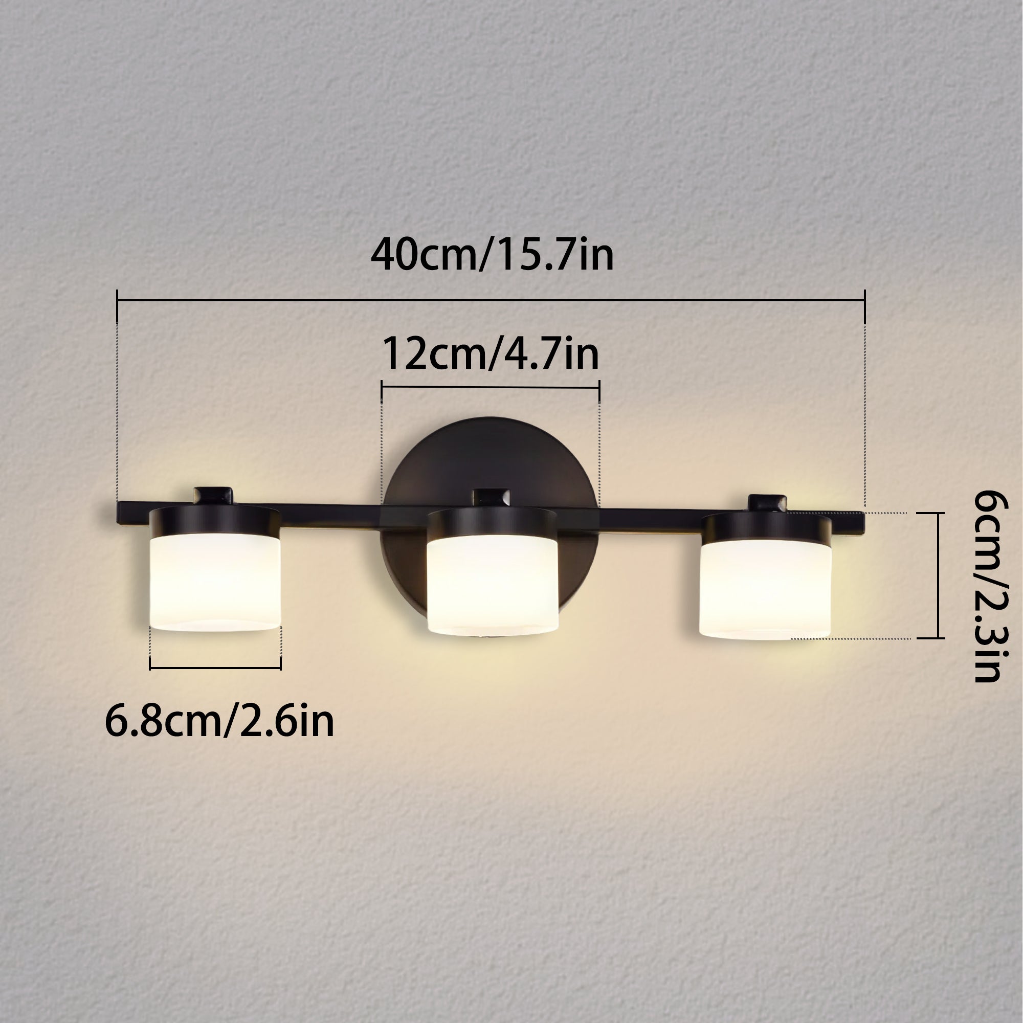Modern 3-Light LED Bathroom Vanity Light – Matte Black Fixture with Frosted Acrylic Shades, 3000K Warm White, 15.7" Wide, Dimmable