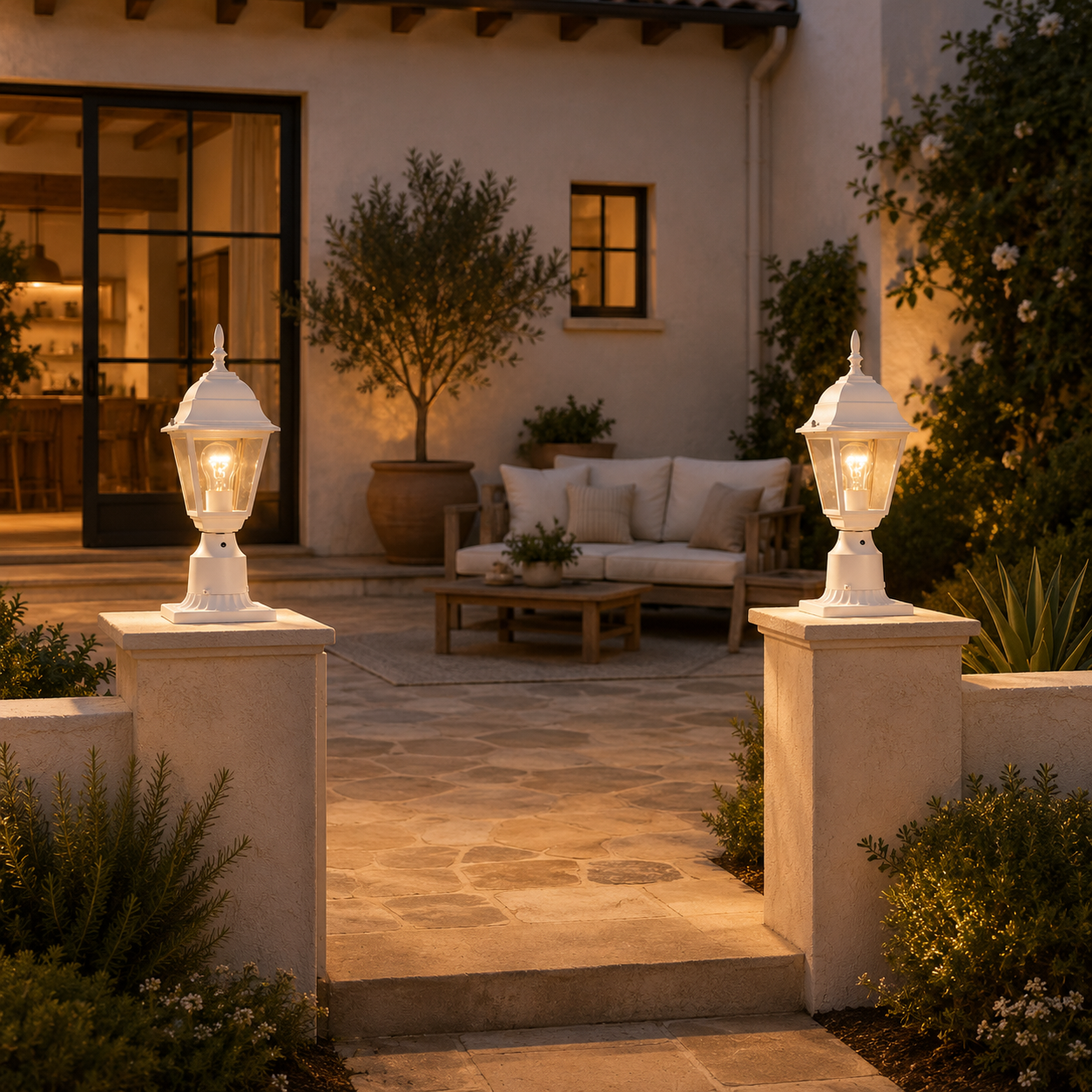 2 Pack White Outdoor Post Light with Clear Glass Shade, Traditional Pier Mount Lantern