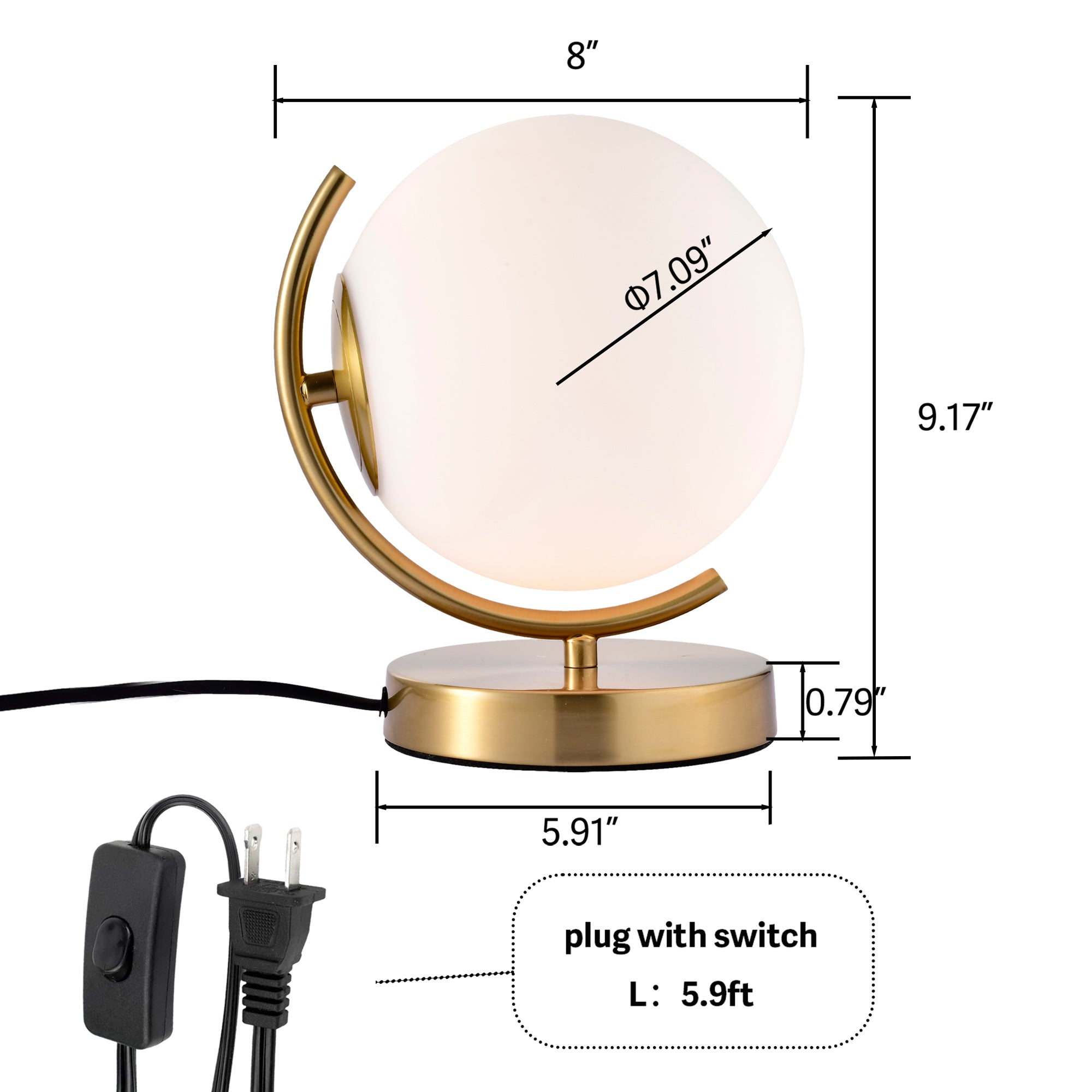 Modern Globe Table Lamp with Glass Shade and Plug-in Switch, E12 Base Bedside Lamp for Bedroom & Living Room
