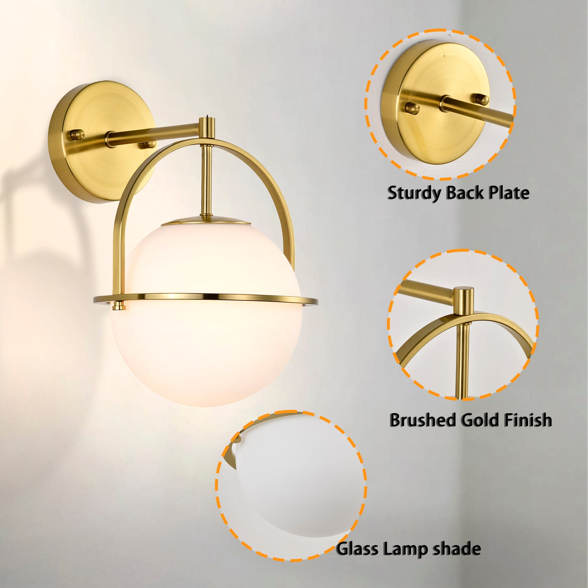 Modern Brushed Gold Wall Sconce with Glass Globe Shade, E26 Base Indoor Wall Lamp for Bathroom, Bedroom & Hallway