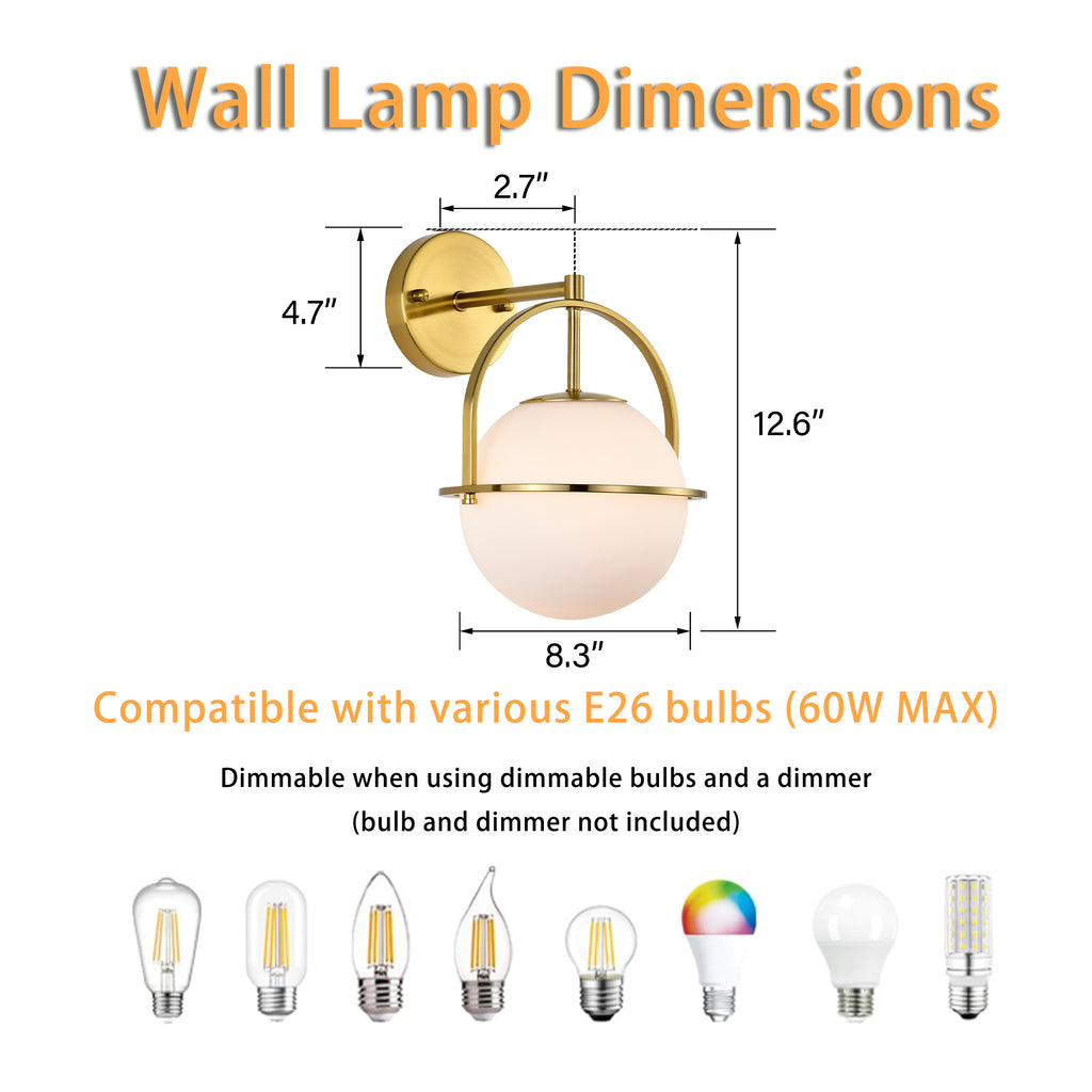 Modern Brushed Gold Wall Sconce with Glass Globe Shade, E26 Base Indoor Wall Lamp for Bathroom, Bedroom & Hallway