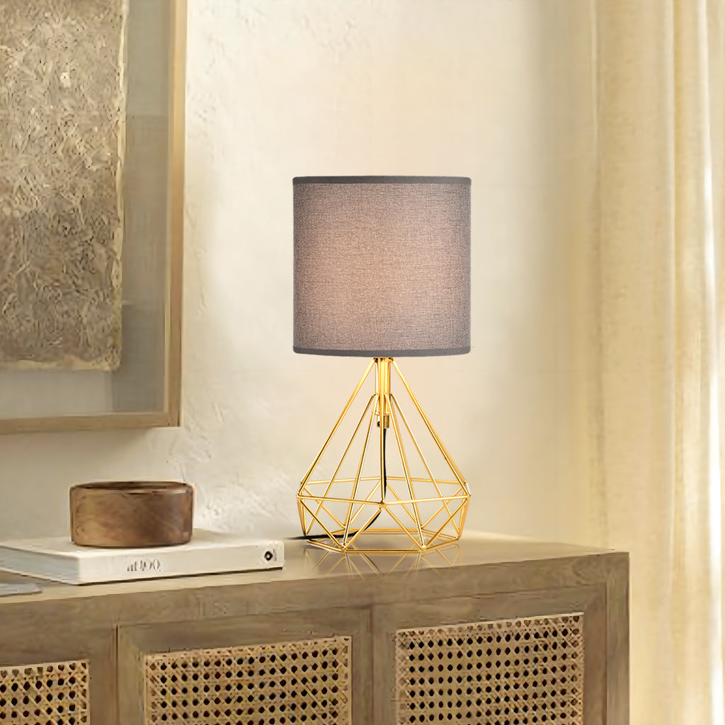 Modern Table Lamp Golden Brick and Stone Shaped Iron Base, Grey Lampshade With Plug-In Power Source
