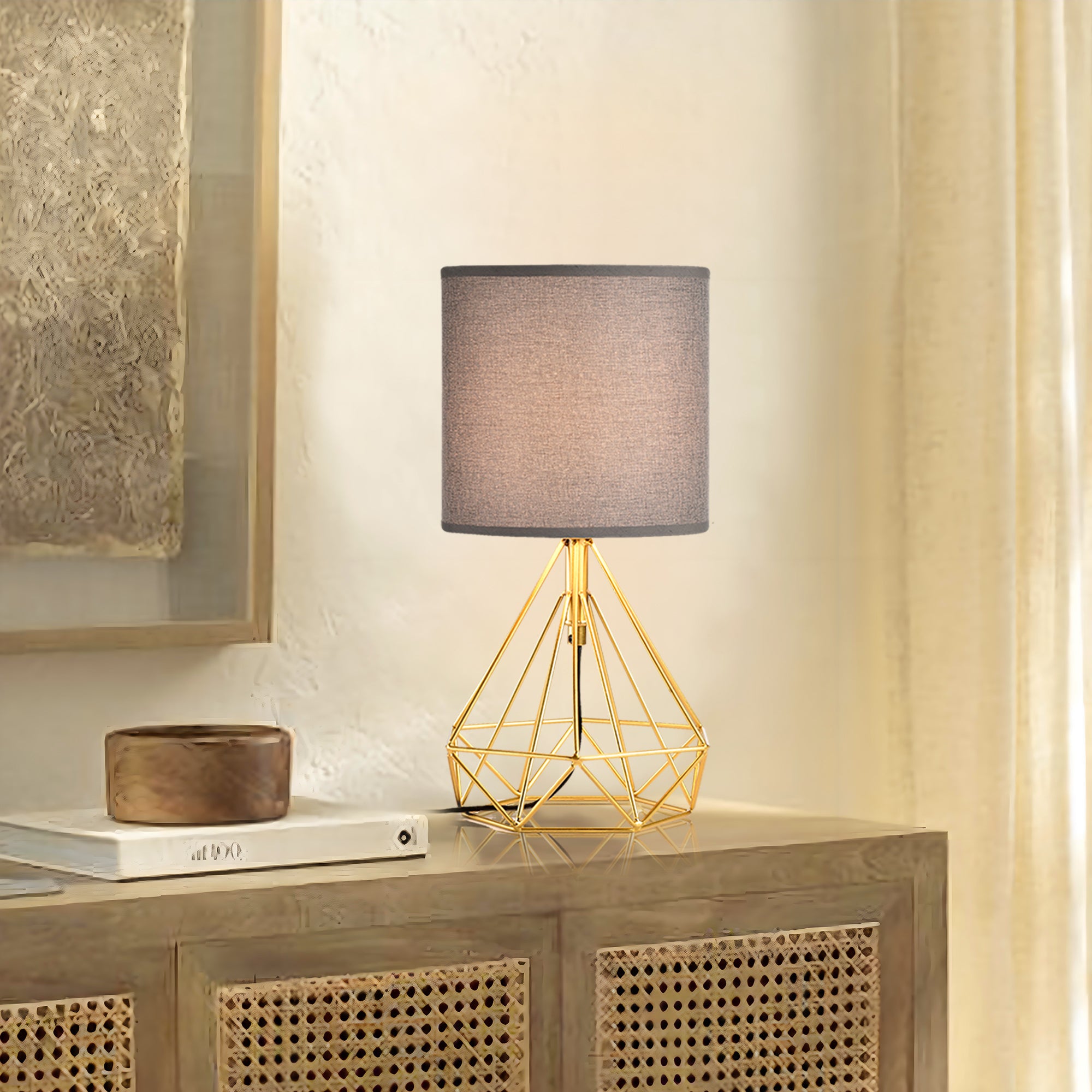 Modern Table Lamp Golden Brick and Stone Shaped Iron Base, Grey Lampshade With Plug-In Power Source