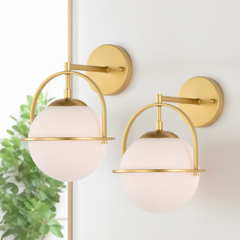 Modern Black Wall Sconces with White Globe Glass for Bedroom Set of 2