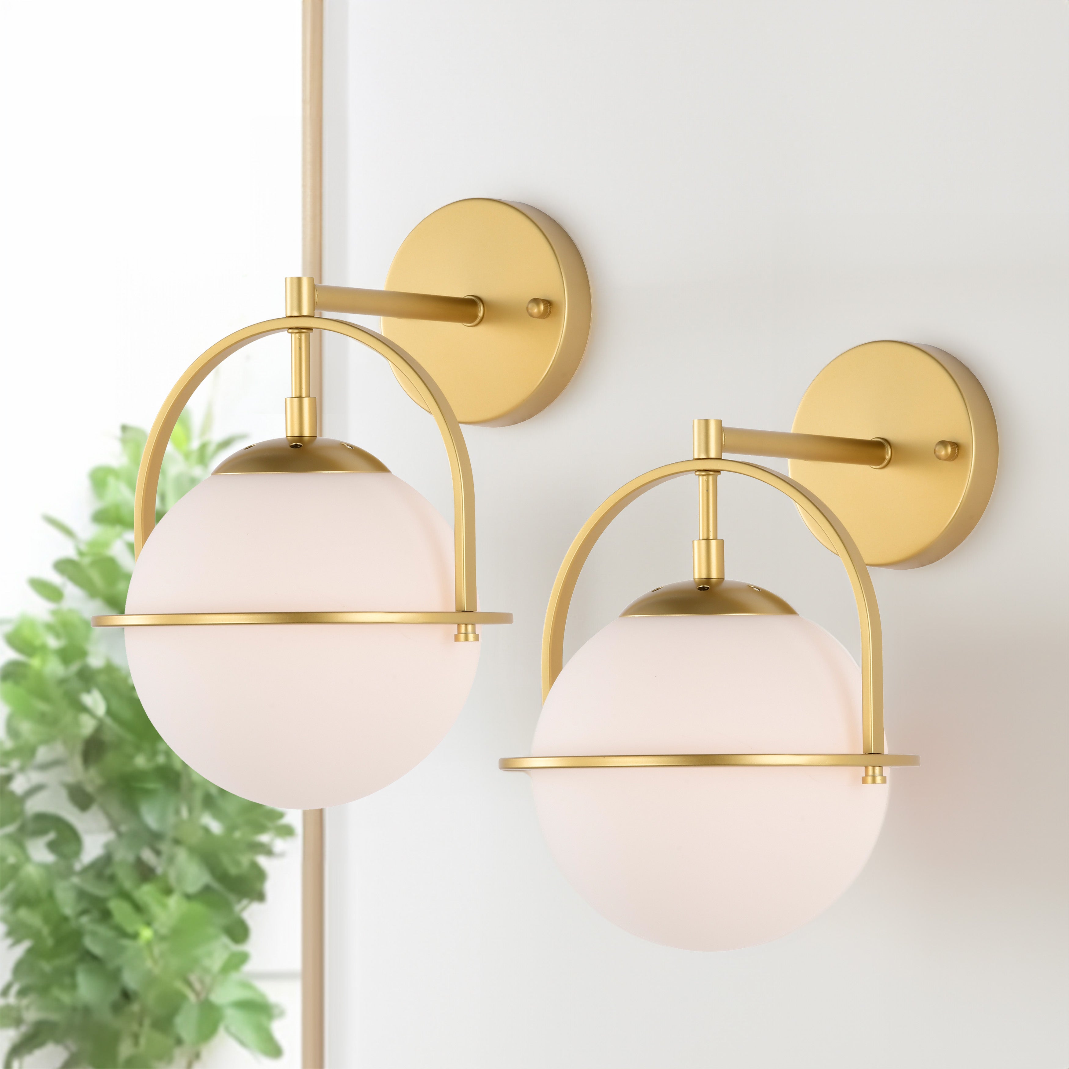 Modern Black Wall Sconces with White Globe Glass for Bedroom Set of 2