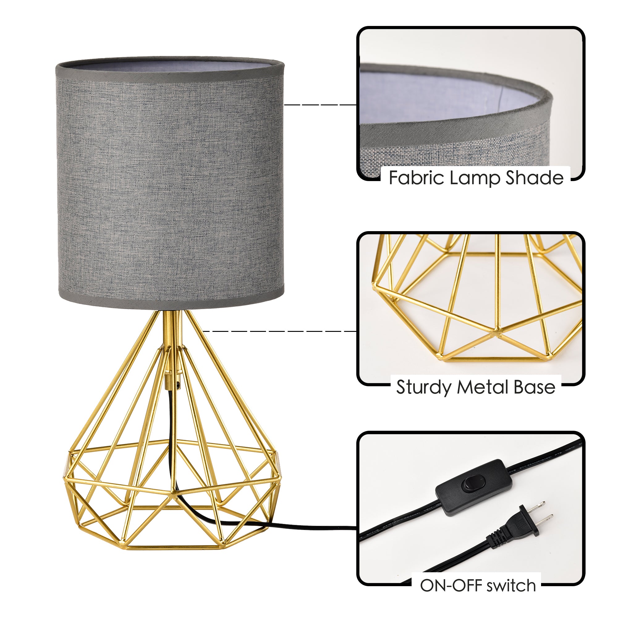 Modern Table Lamp Golden Brick and Stone Shaped Iron Base, Grey Lampshade With Plug-In Power Source