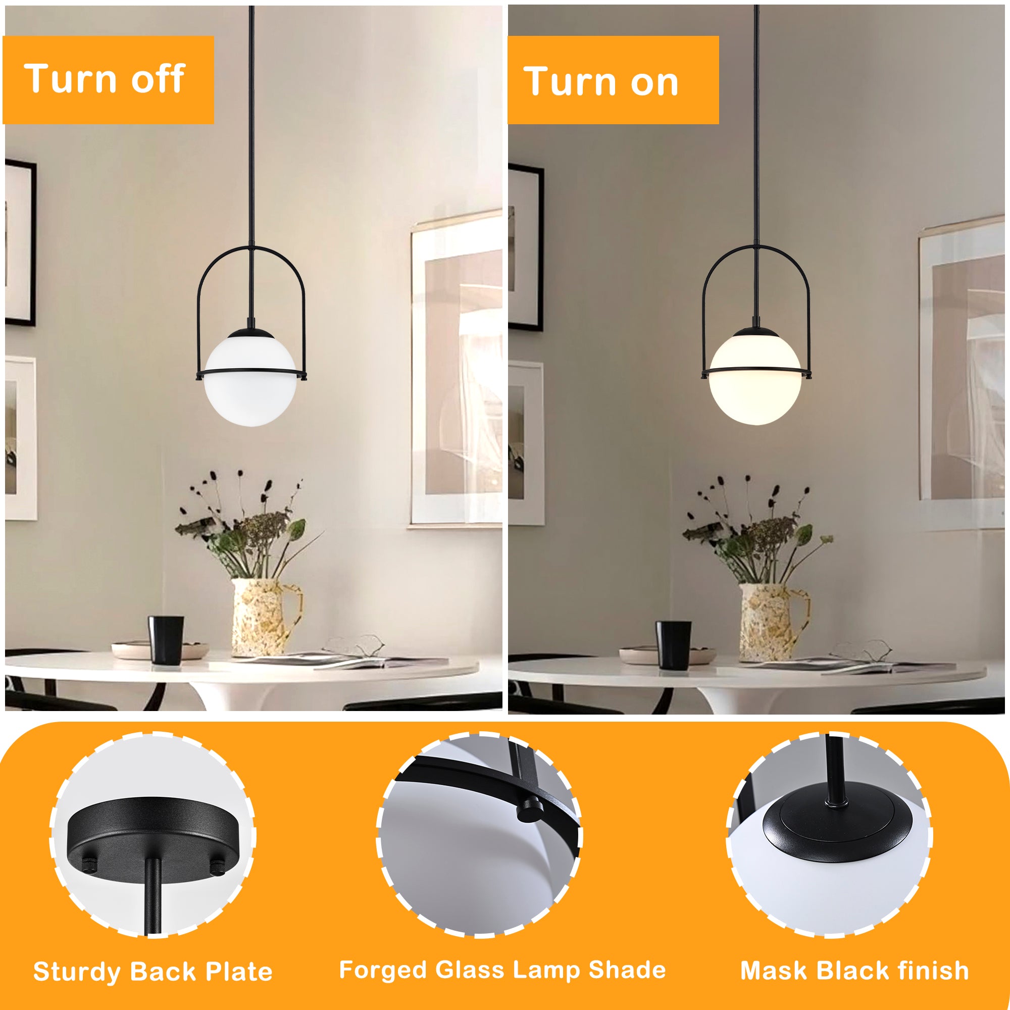 Modern Globe Pendant Light with Glass Shade, Height Adjustable E12 Hanging Light for Kitchen Island & Dining Room