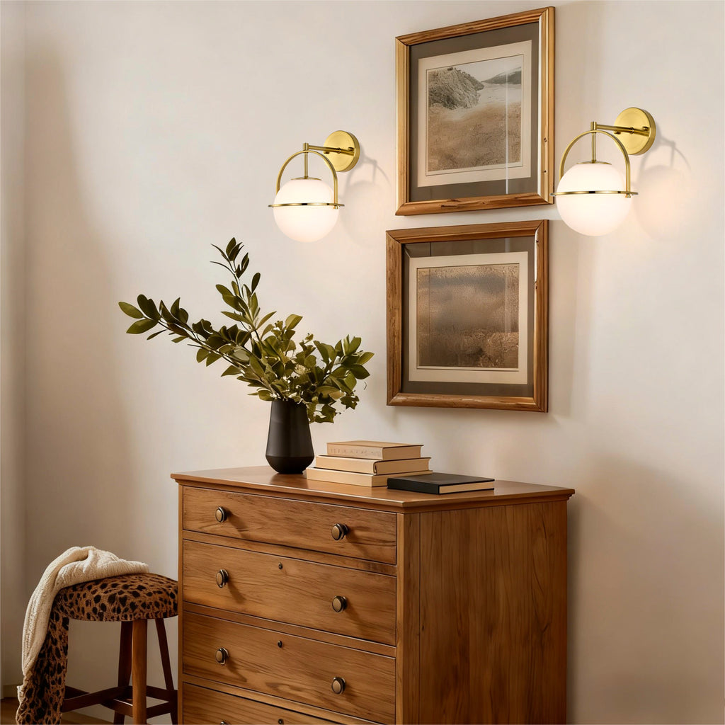 Modern Brushed Gold Wall Sconce with Glass Globe Shade, E26 Base Indoor Wall Lamp for Bathroom, Bedroom & Hallway