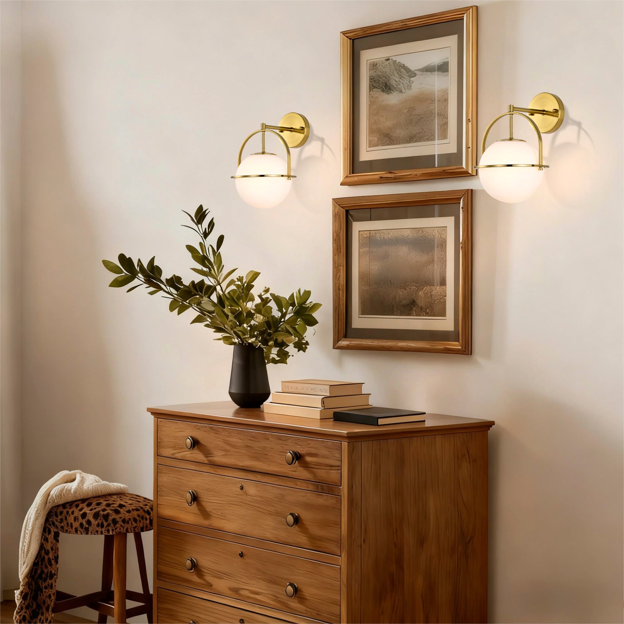 Modern Brushed Gold Wall Sconce with Glass Globe Shade, E26 Base Indoor Wall Lamp for Bathroom, Bedroom & Hallway