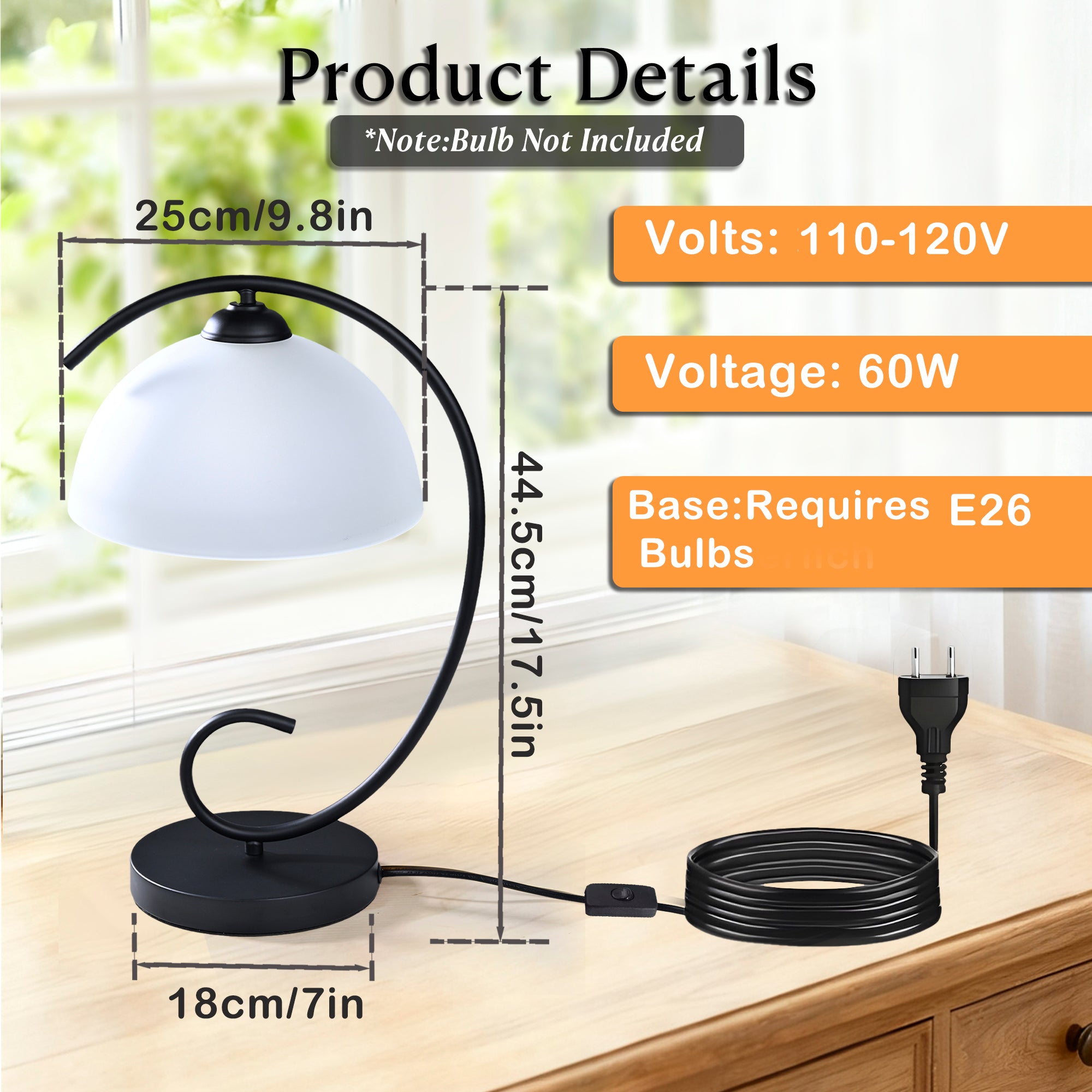 Vintage Black Table Lamp with Frosted Glass Shade, E26 Base Bedside Lamp for Bedroom, Living Room & Study