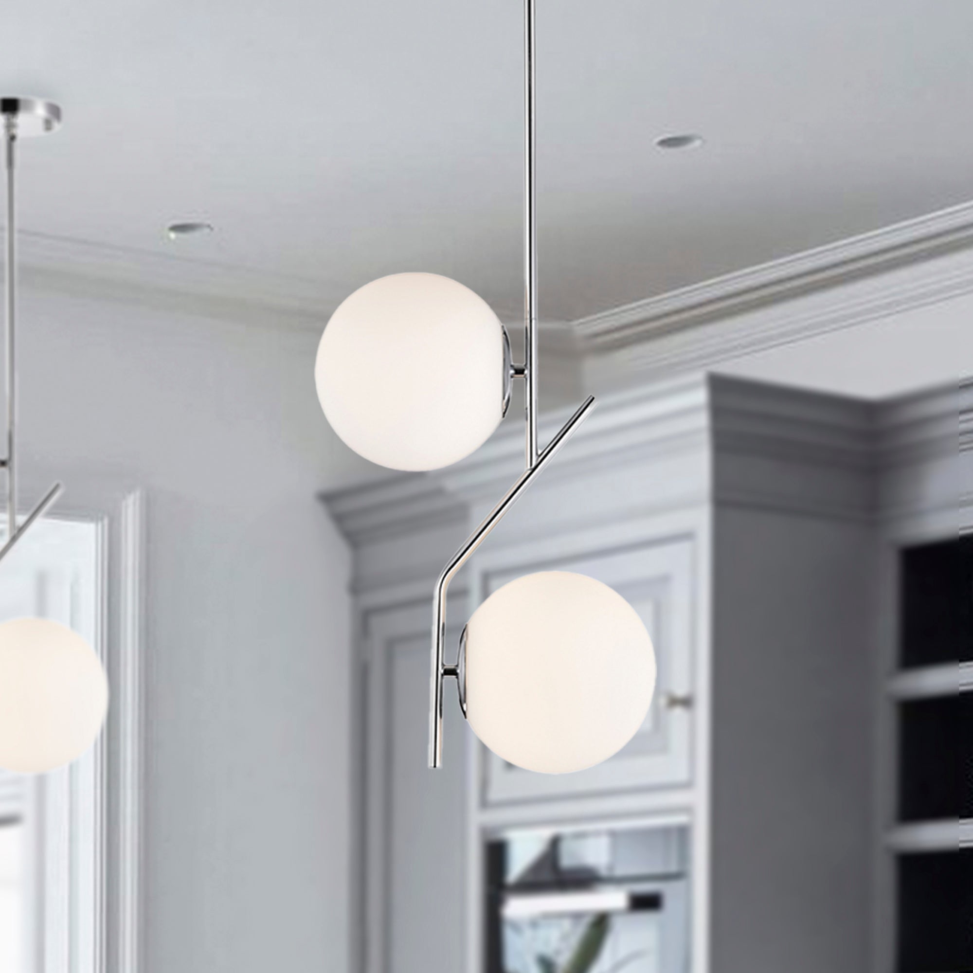 Mid-Century Chrome Globe Pendant Light, Double Opal Glass Pendant for Kitchen Island & Dining Table