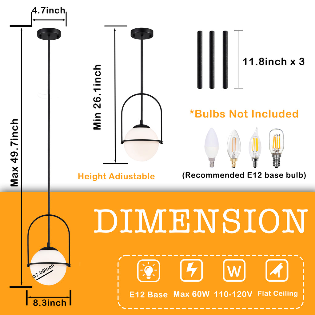 Modern Globe Pendant Light with Glass Shade, Height Adjustable E12 Hanging Light for Kitchen Island & Dining Room