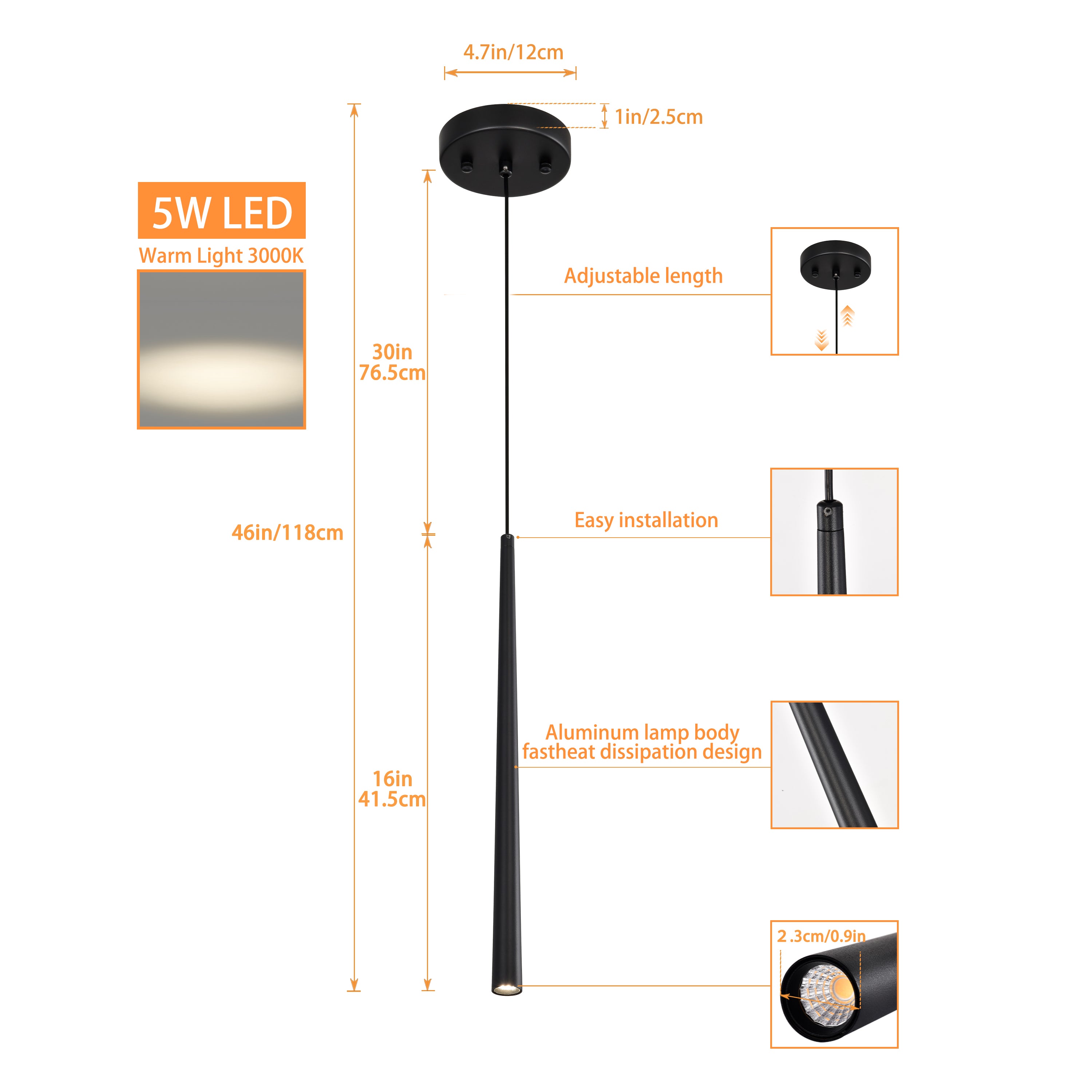 Mini LED Pendant Lights 2 Pack, 5W 3000K Warm White Black Hanging Lights for Kitchen Island & Bar Counter