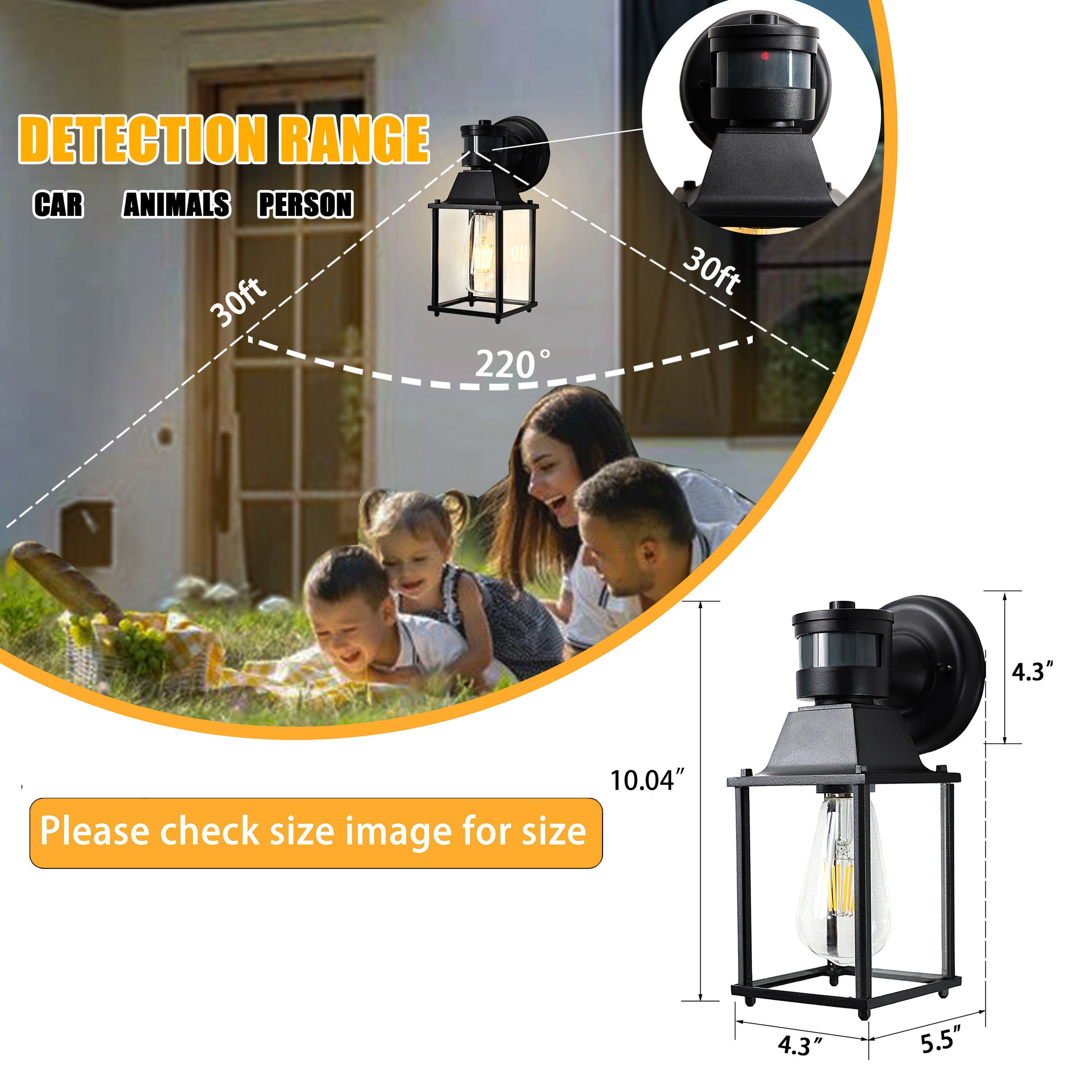 COTTAGE LIFE Motion Sensor Outdoor Wall Lights, Black Porch Lantern with Glass Shade, E26 Base, 2-Pack