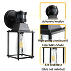 COTTAGE LIFE Motion Sensor Outdoor Wall Lights, Black Porch Lantern with Glass Shade, E26 Base, 2-Pack