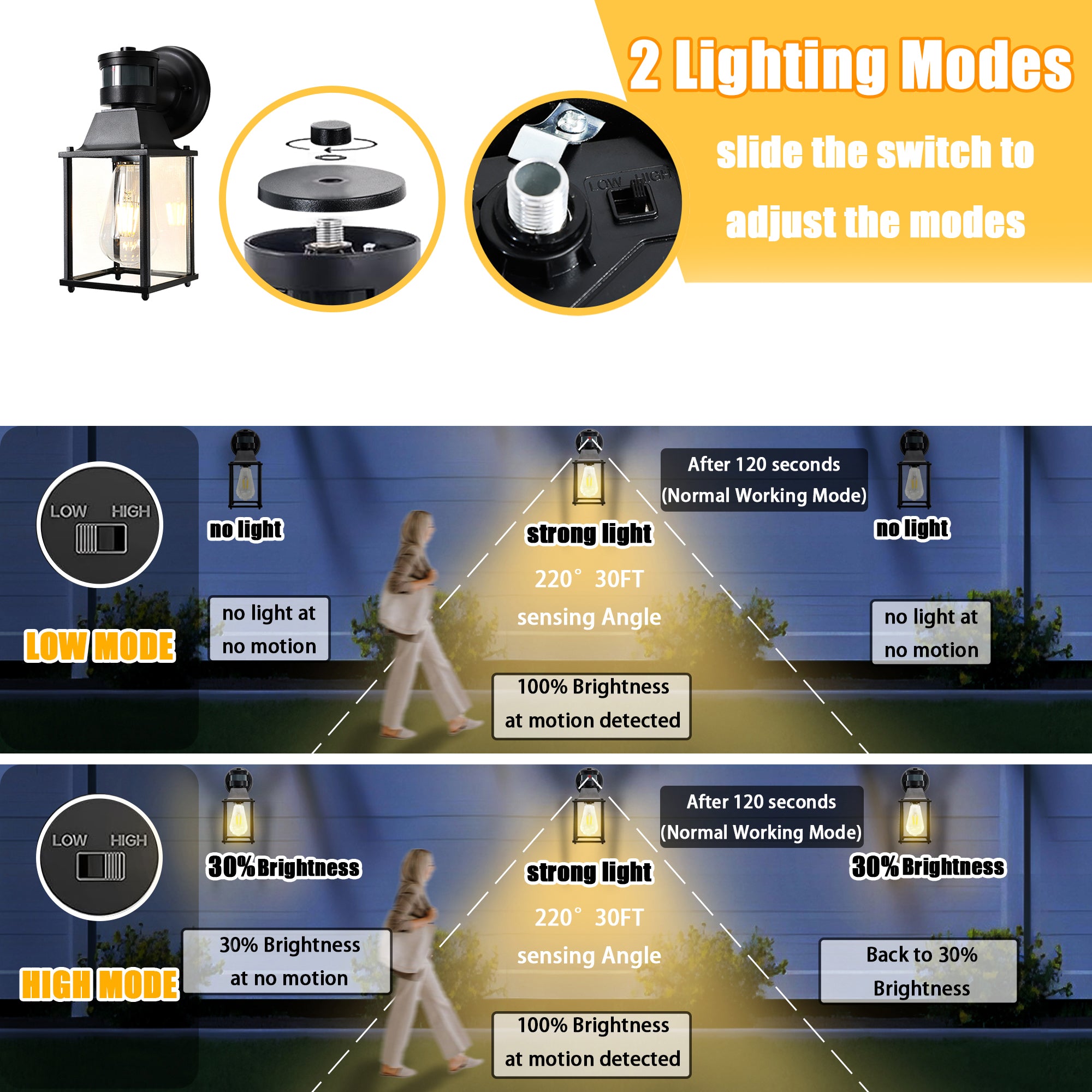 COTTAGE LIFE Motion Sensor Outdoor Wall Lights, Black Porch Lantern with Glass Shade, E26 Base, 2-Pack