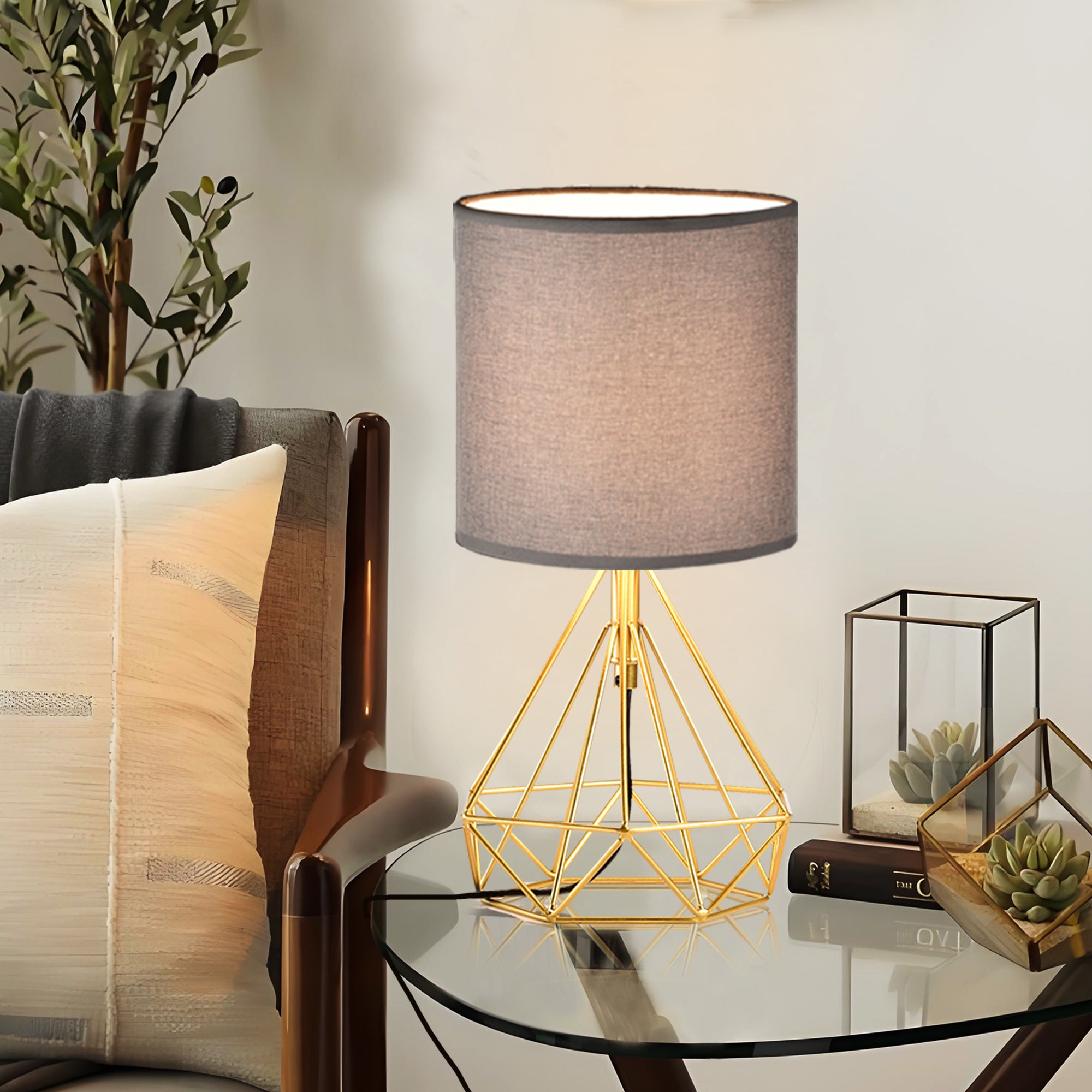 Modern Table Lamp Golden Brick and Stone Shaped Iron Base, Grey Lampshade With Plug-In Power Source