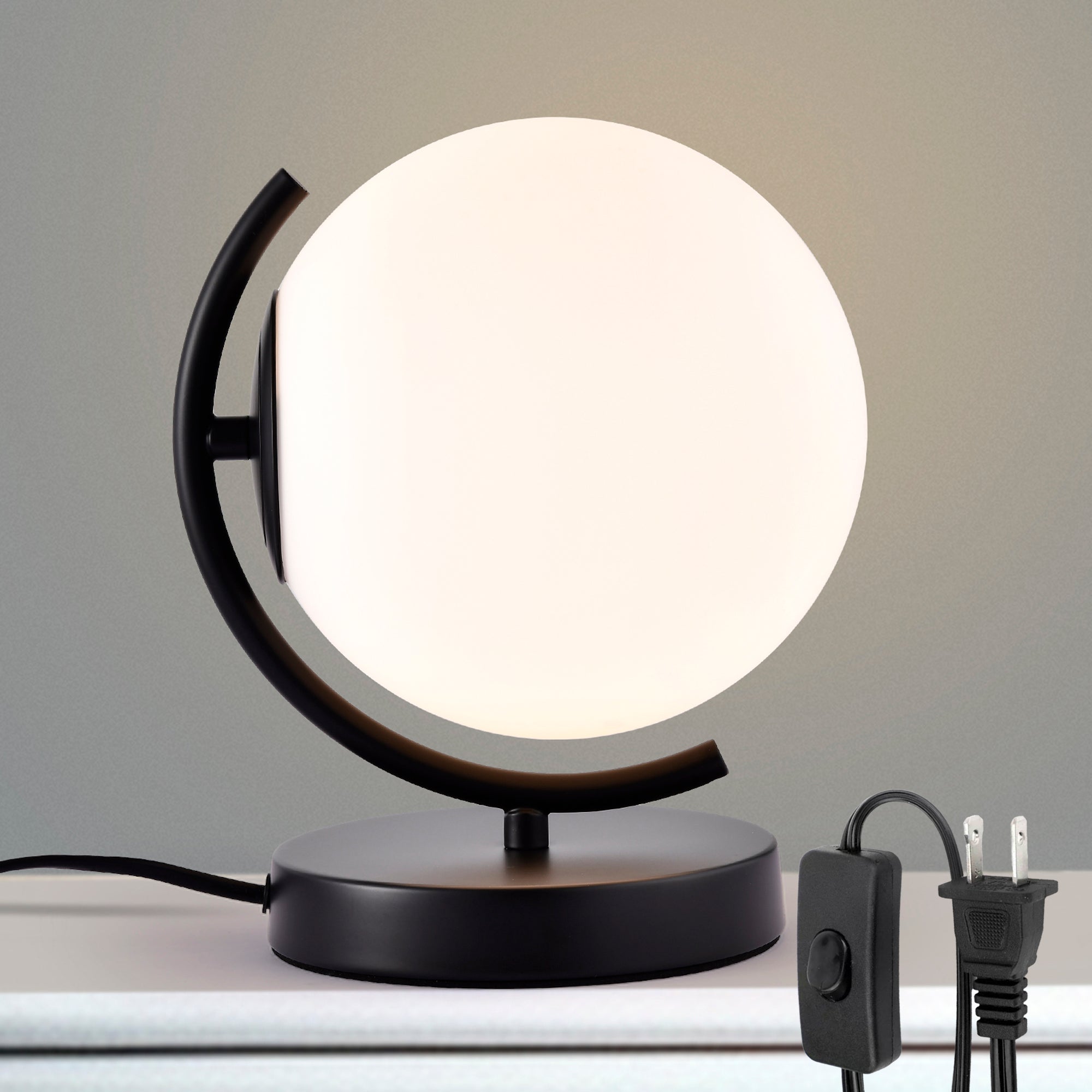 Modern Globe Table Lamp with Glass Shade and Plug-in Switch, E12 Base Bedside Lamp for Bedroom & Living Room
